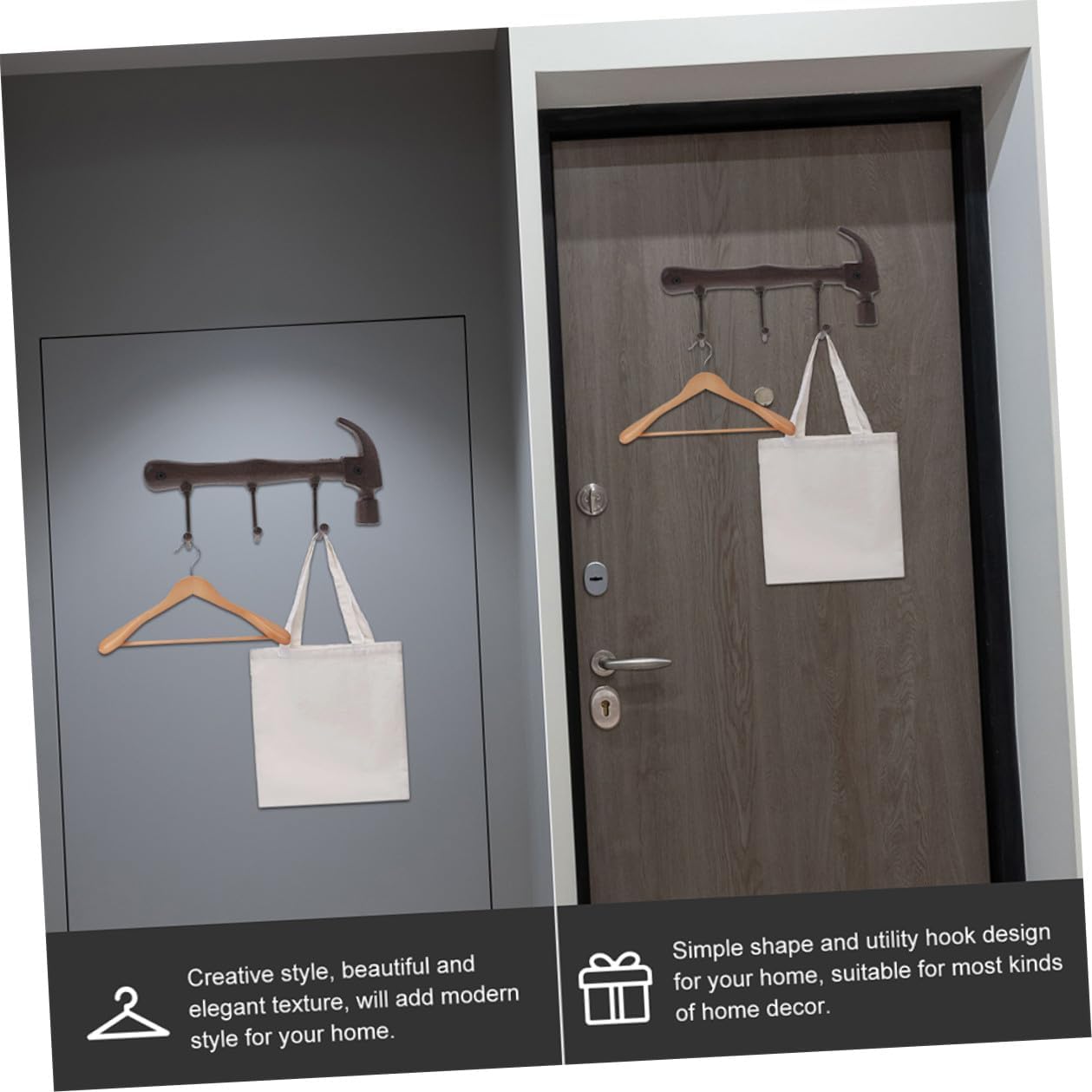 Vintage Industrial Style Hammer Wall Mount Key Hook and Iron Coat Hanger Rack, Retro Garment and Hat Hanging Rack with 2 Screws for Entryway and Home Organization, 2pcs Set
