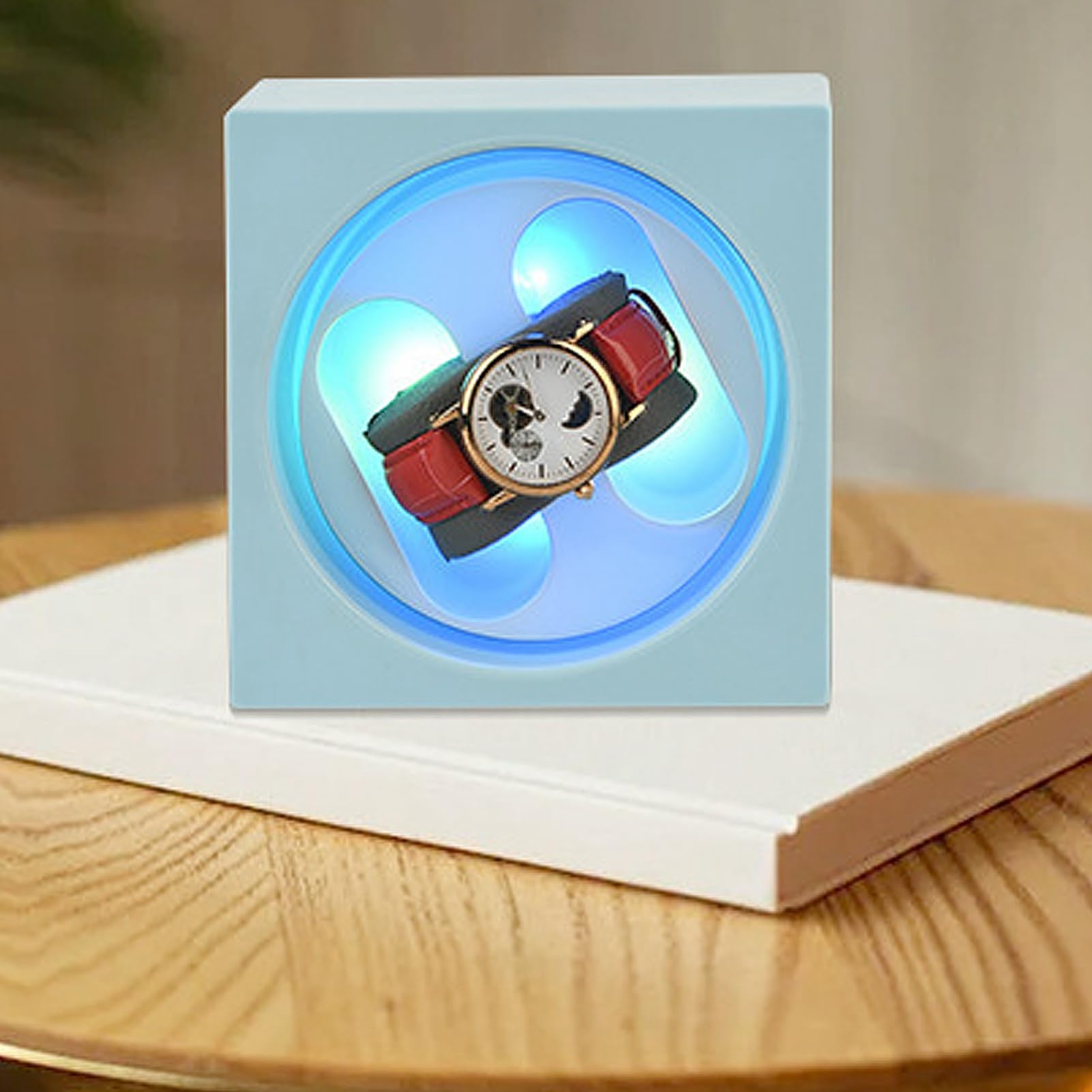 Enrollador de reloj automático doble con batería USB, 2 velocidades, funcionamiento silencioso ajustable, enrollador de reloj inteligente con luz LED (Azul claro)