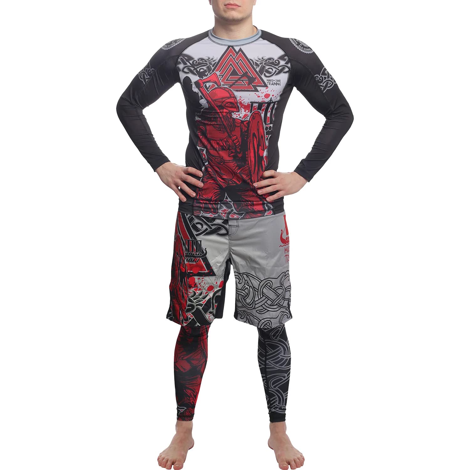 Hardcore Training Rash Guard Mężczyźni Kompresja Koszulka Długi Rękaw BJJ MMA No-Gi Obcisła Grappling Boks (DE/NL/SE/PL, Alfa, 4XL, Regularny, Regularny, Czarny Czerwony Szary)