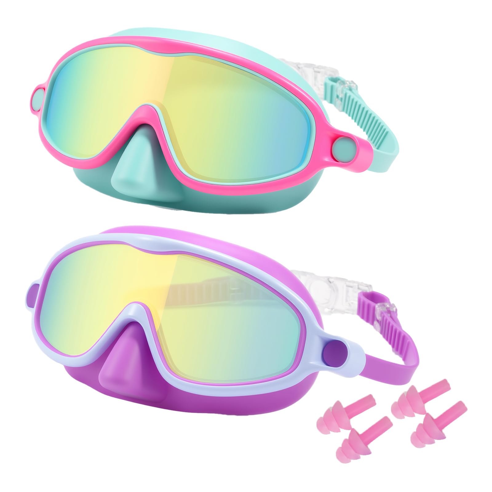 MKEOIEAU 2 Pack Kids Swimming Goggles with Nose Cover, Anti-Fog UV Protection Wide View Adjustable Swim Goggles for Boys Girls Youth 3-15
