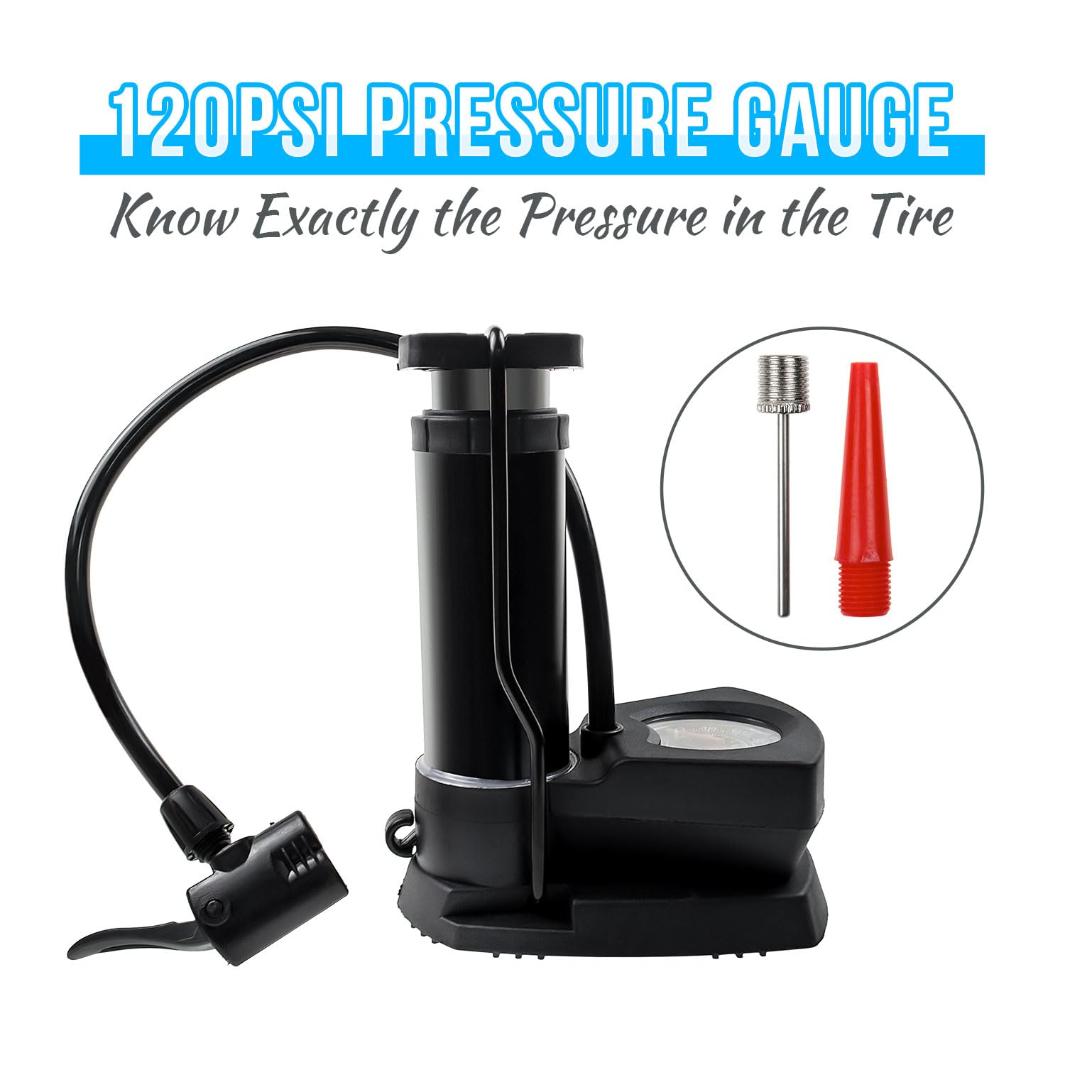 MAXFOOT Mini Bicycle Pump with Pressure Gauge, Bike Floor Air Pump Portable, Ball Air Pump with Needle, Small Bicycle Foot Pump with Presta and Schrader Valve for Bike Tires, Balls, Balloons, Red