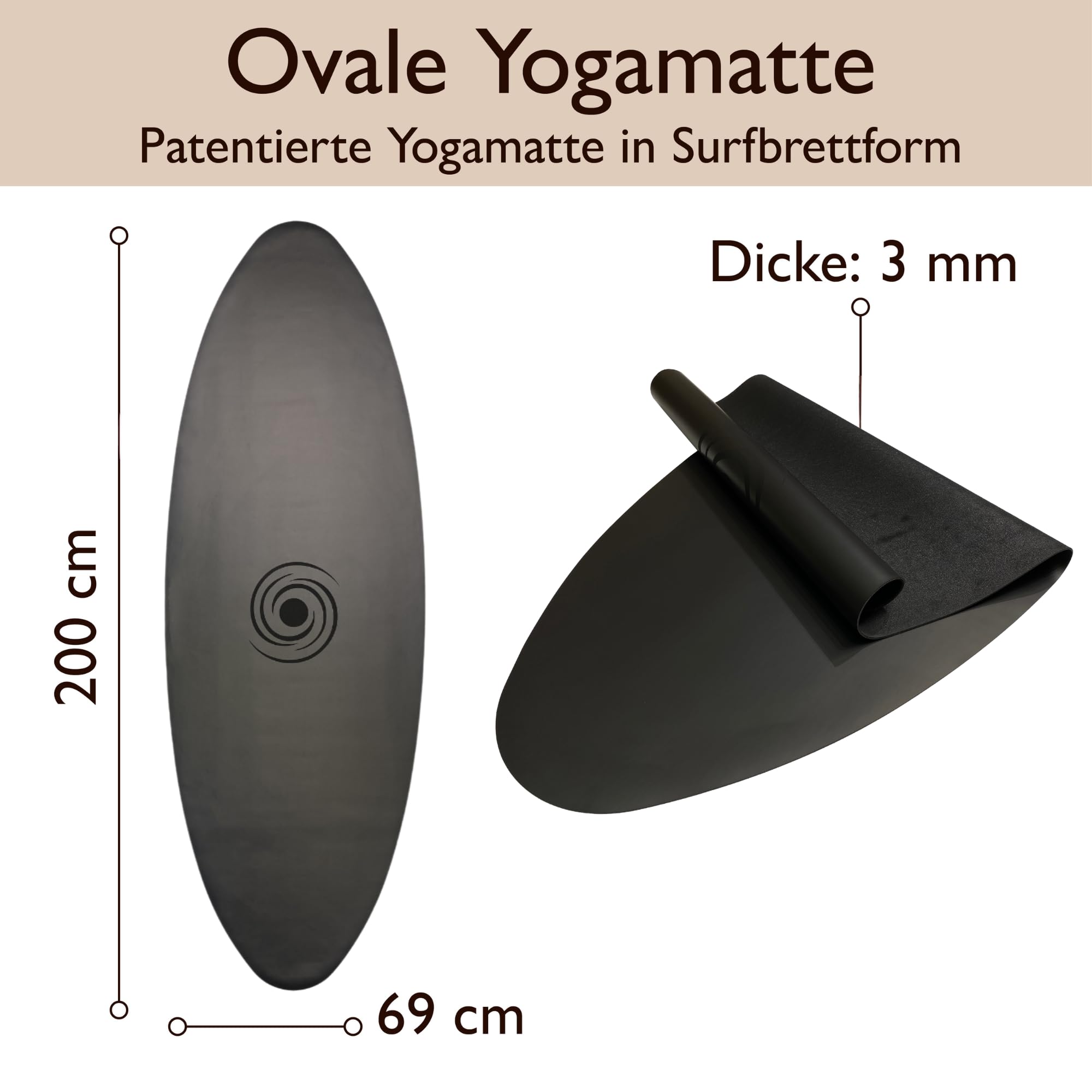 Surfstyle Yogamatte - Ovale Gymnastikmatte, rutschfest inkl. Tragegurt, Sportmatte für Fitness & Pilates, Naturkautschuk, PU-Oberfläche, mit kleinen Schönheitsmängeln
