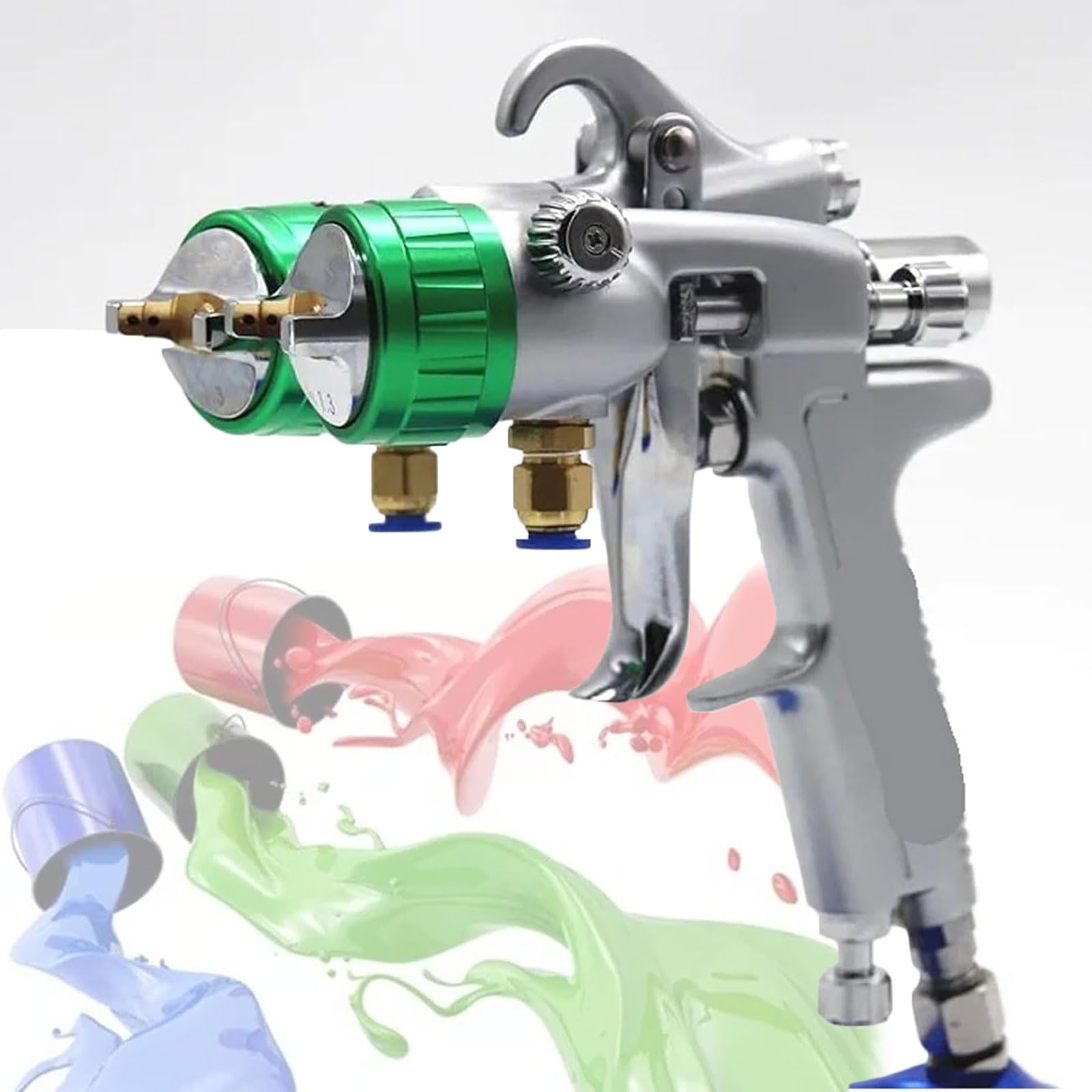 Pneumatische Lackierpistole 1200 U/min Doppeldüse 1,3 mm Druckzufuhr mit 2 x 1000 ml Töpfen 40cm Strahlbreite für Kfz-Umbau und Ausbesserung