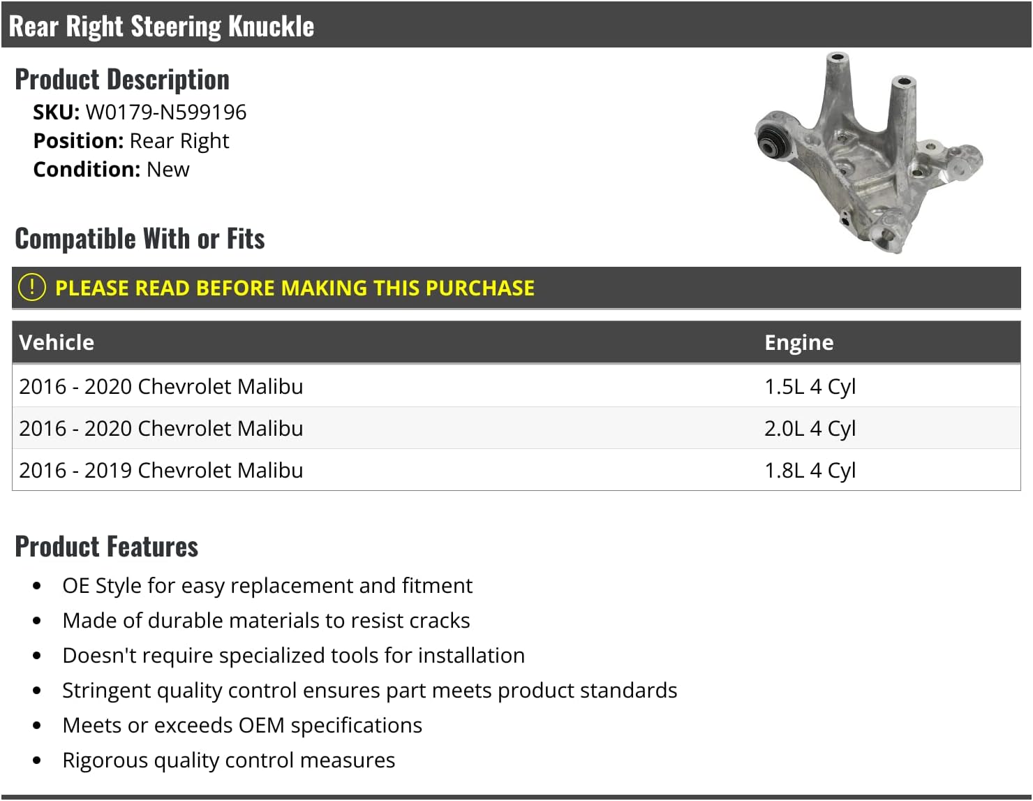 Rear Right Passenger Side Steering Knuckle – Compatible with 2016-2020 Chevy Malibu Rear Right Passenger Side Steering Knuckle – Compatible with 2016-2020 Chevy Malibu