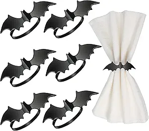 Chengu 6 Pieces Halloween Napkin Rings Set Bat Napkin Ring Holders Black Spooky Metal Alloy Serviette Buckles for Kitchen Dinner Halloween Table Party Decorations