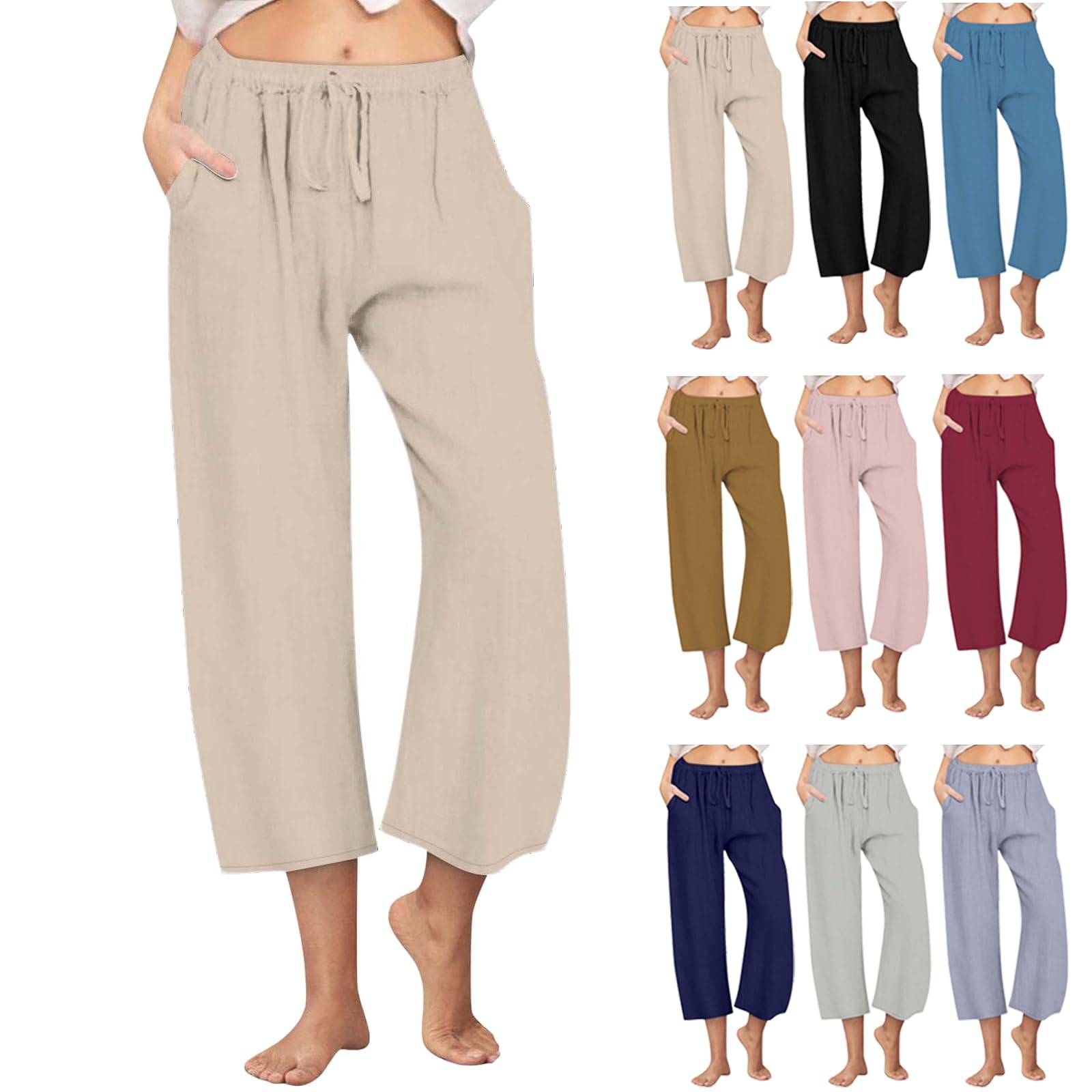 Cotton Linen Pants for Women 2025 Wide Leg Cropped Lounge Trousers Drawstring Elastic Waist Summer Beach Pant Outfits