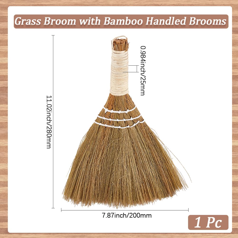 GORGECRAFT Cepillo de Escoba Pequeño de 28cm con Mango de Bambú Natural Tradicional Hecho A Mano Resistente de Paja Cerdas Angulares para Limpieza Barrido de Superficies de Escritorio Interior