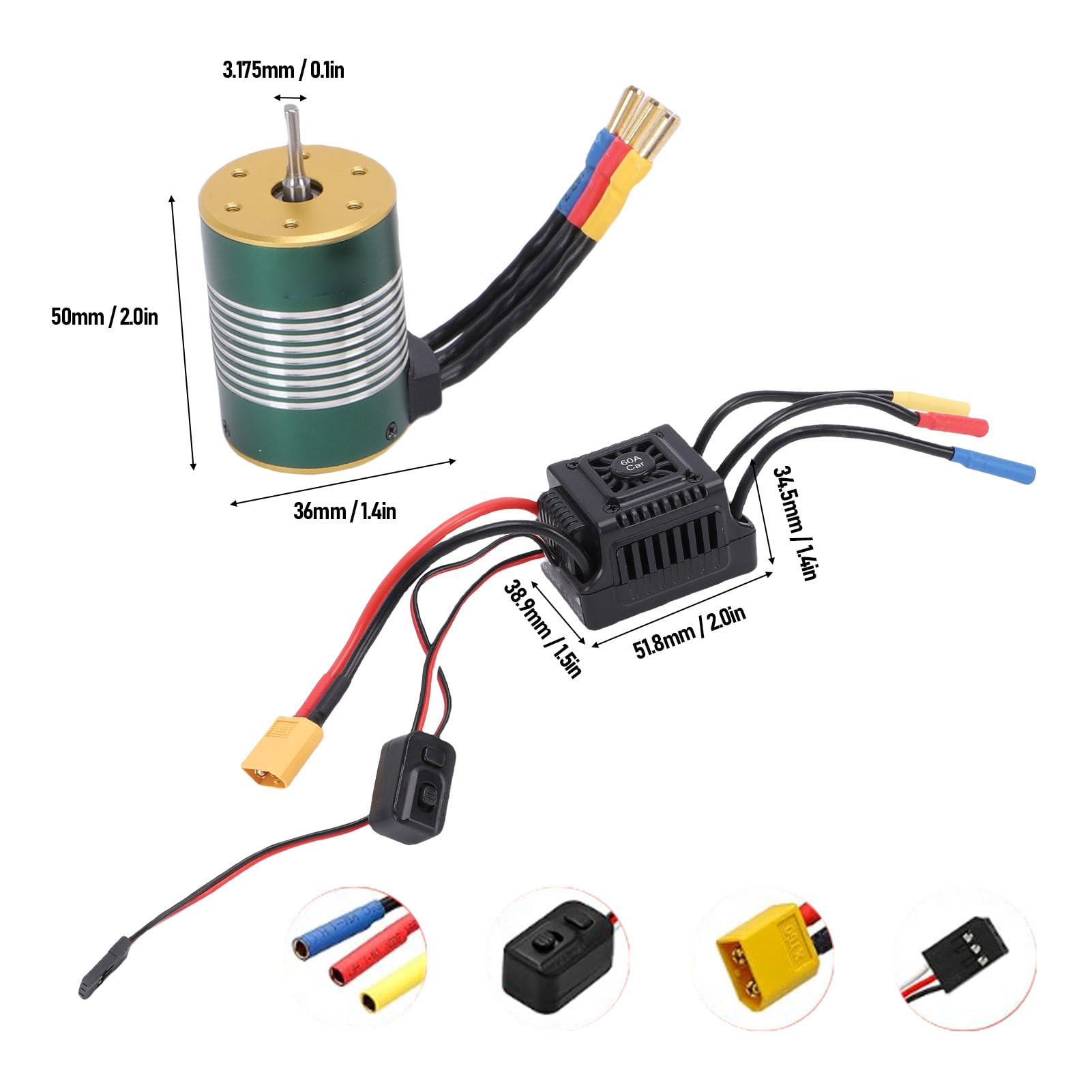 Changor Silnik Bezszczotkowy S3650 4300KV, wał 3,175 Mm z Wodoodpornym Zestawem 60A ESC do Ciężarówki Samochodowej 1/10 RC (Zielony)