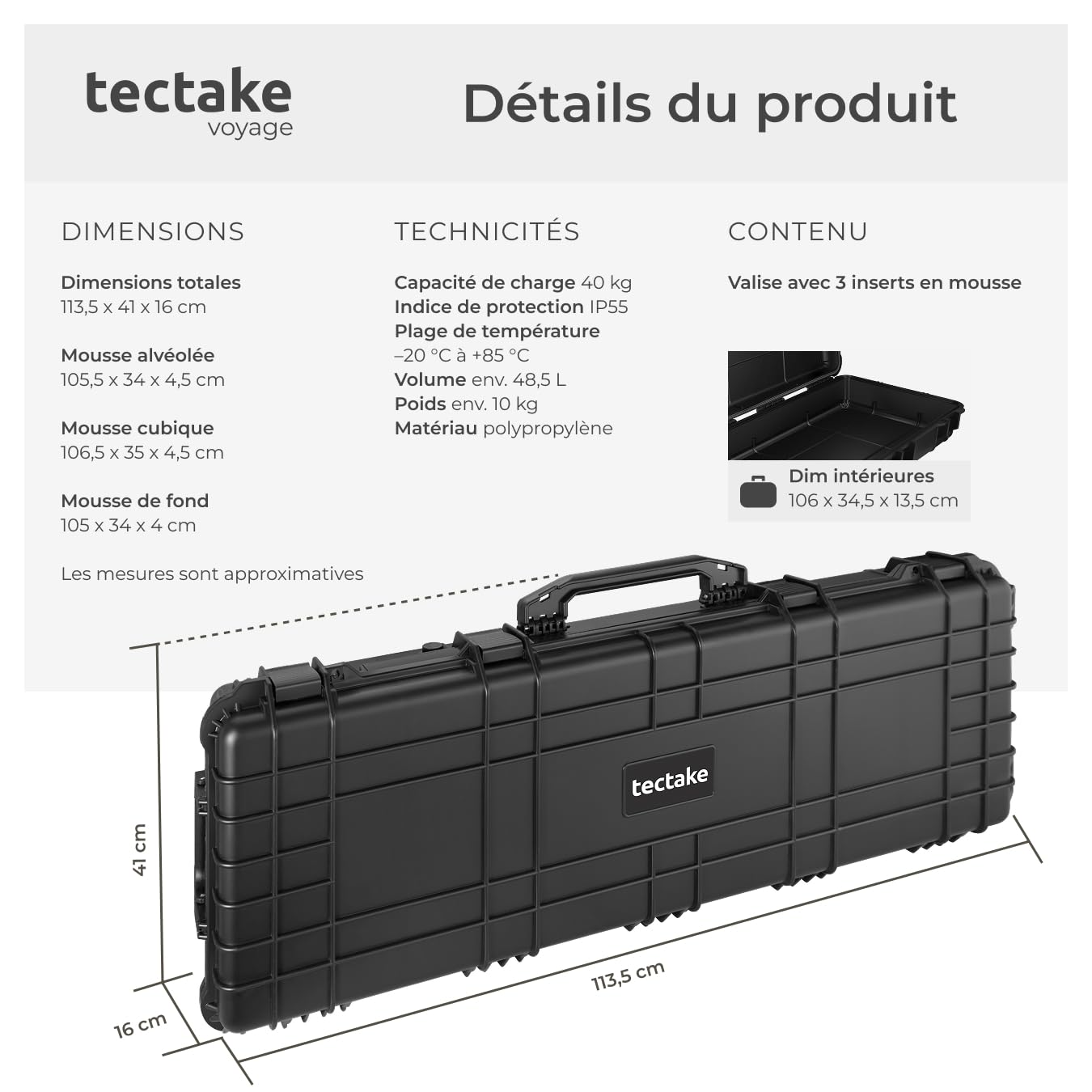 tectake® Malette de Protection, Inserts Mousse pour Armes Longues, Appareil Photo, caméra ou Outils, Boite étanche avec roulettes, 3 poignées, 4 Fermetures à Ressort, Résistante aux Chocs & Eau