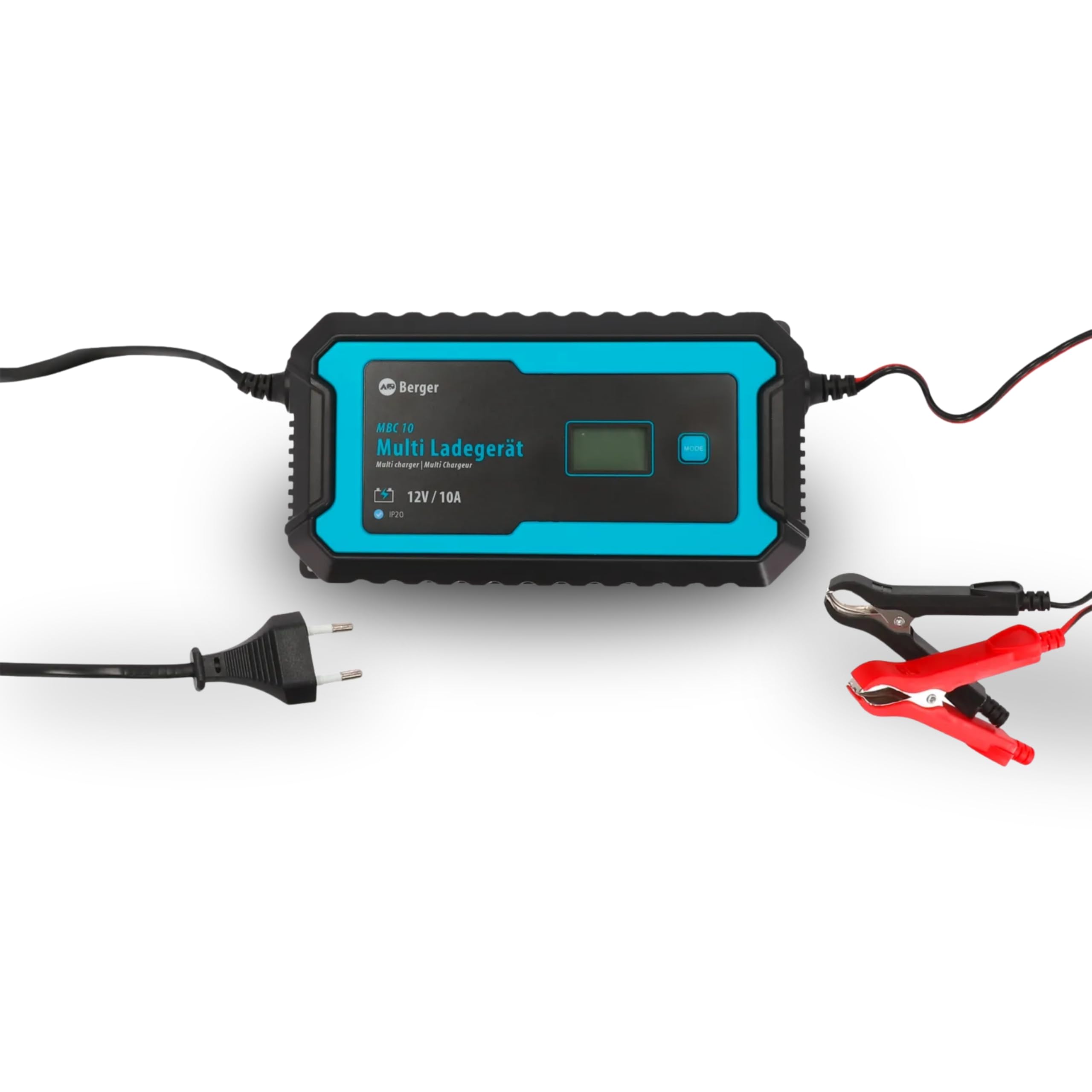 BERGER Multi Batterie Ladegerät MBC | 12V Ladegerät für Autobatterie mit LCD-Display & Schutzfunktionen | Vollautomatisches Batterieladegerät | Für AGM, Gel, Wet, MF, Blei-Säure | IP65 (MBC 10)