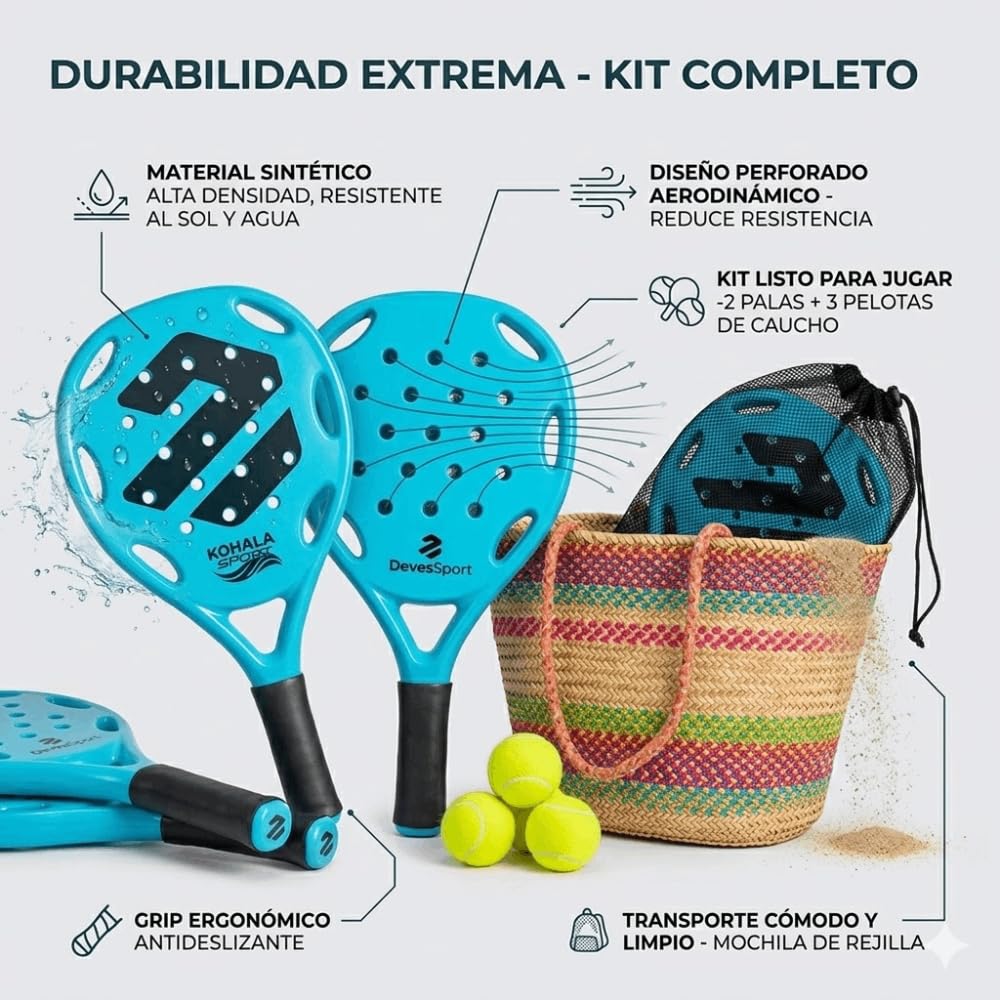 DEVESSPORT Set de 2 Palas de Padel Playa, Raquetas de Playa 3 Pelotas y Bolsa de Transporte Alta Resistencia