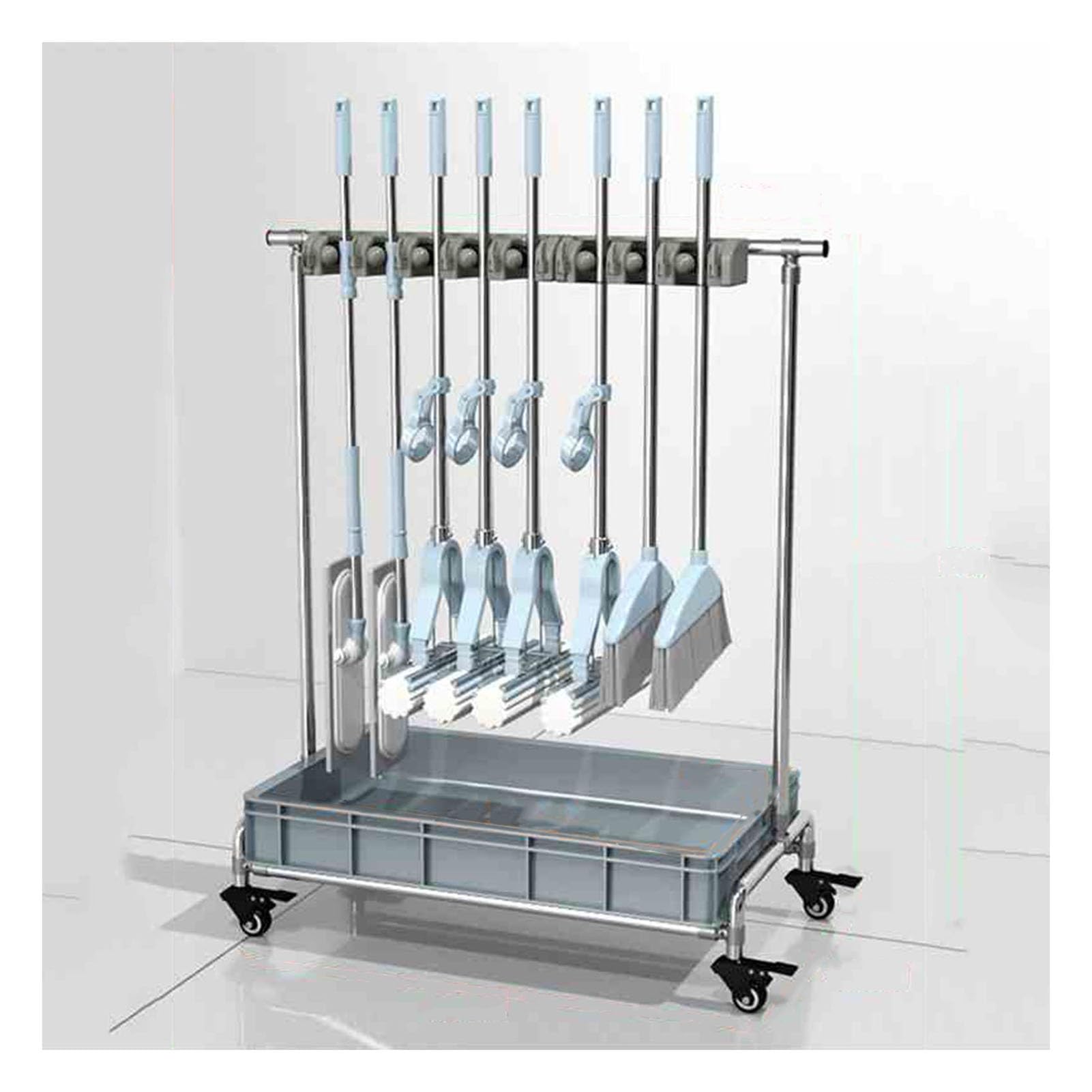 ASerZenith Mop And Broom Rack With Wheels - Removable Closet Storage Cabinet, Yard Tool Tower Rack With Mop Basin For Organized Cleaning Supplies(10Hooks-100X110X42Cm)