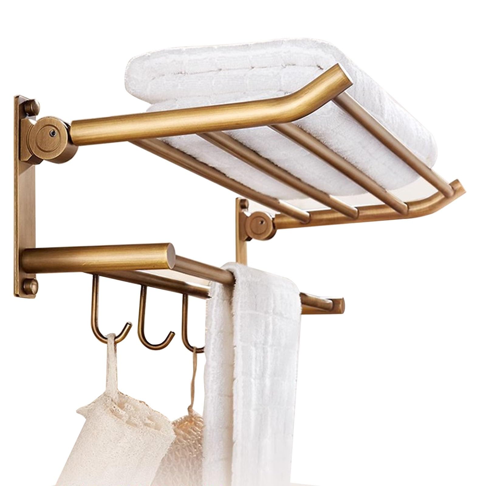 Brass Bathroom Towel Rack - Wall Mounted, Foldable Towel Shelf with Hooks and Bar, Brushed Bronze Finish