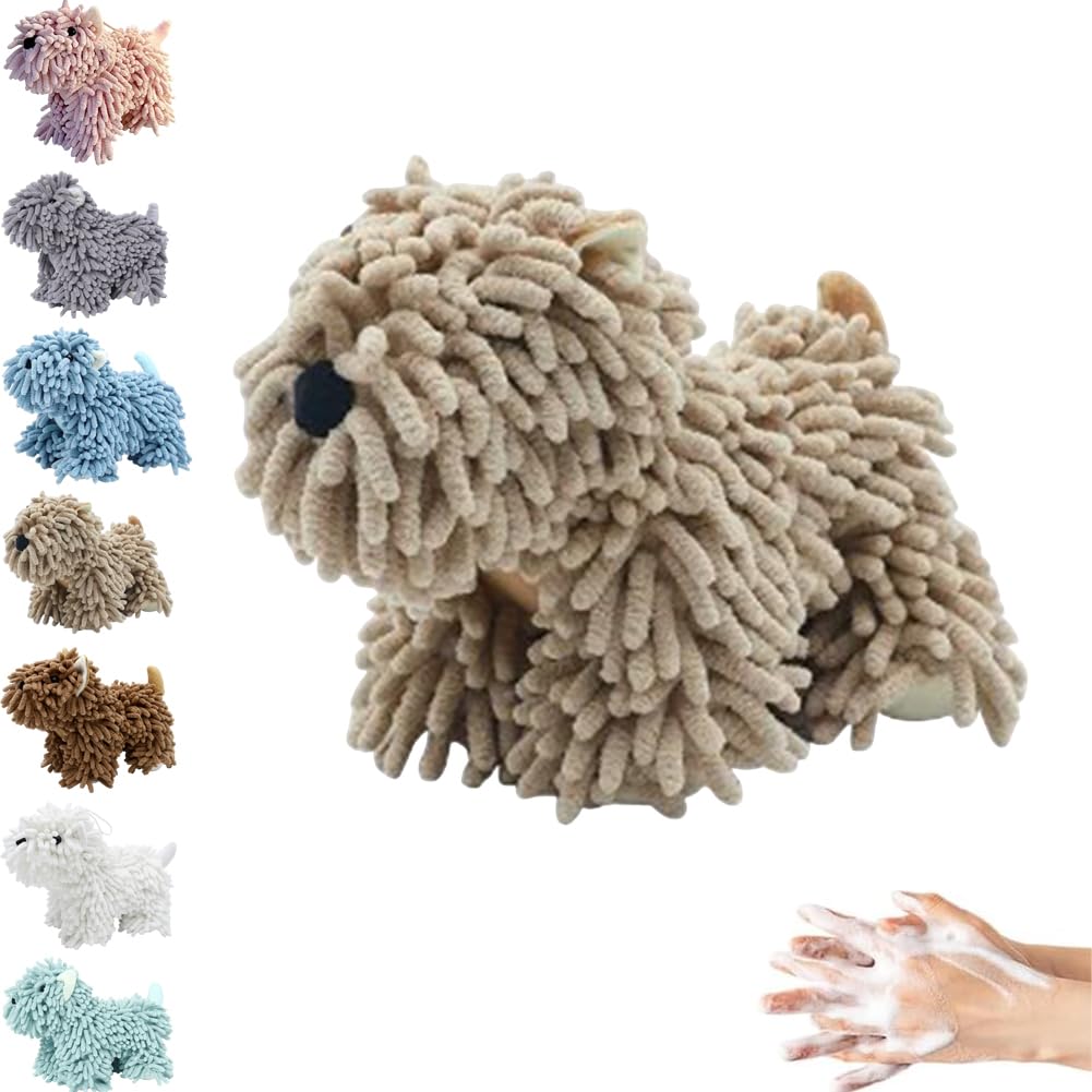 Chenille Hand Towel, Dog Chenille Plush Towel Balls, Soft Absorbent Microfiber Hand Towels, Cute Cartoon Fluffy Cleaning Cloth for Bathroom Kitchen Sink Countertop, Gift for Dog Lovers (Khaki)
