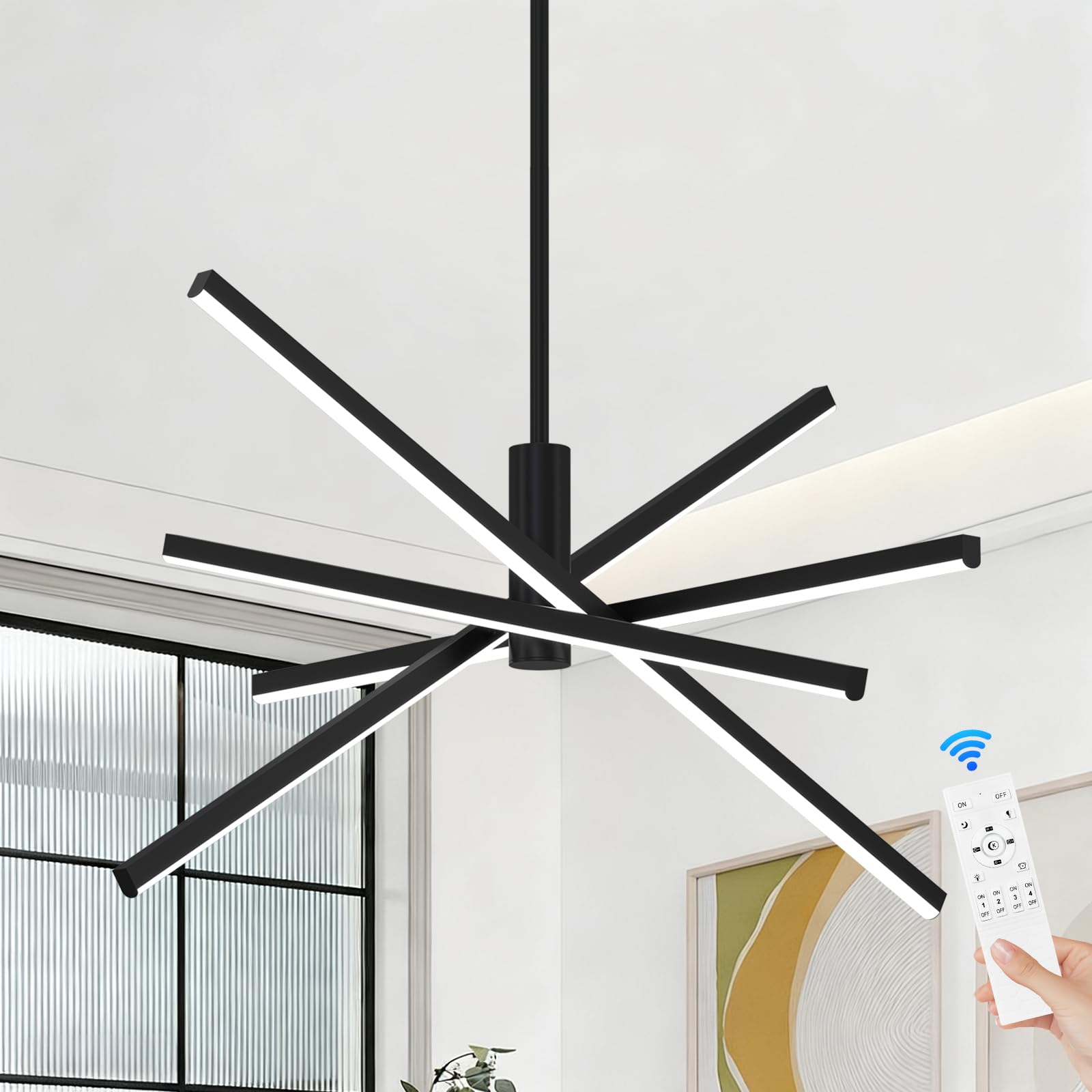 CATINER Moderner LED Hängeleuchte Schwarz 4-flammige Esszimmer Pendelleuchten LED Sputnik Kronleuchter Dimmbar mit Fernbedienung für Wohnzimmer Schlafzimmer Küche Eingangsbereich，70 cm 25W