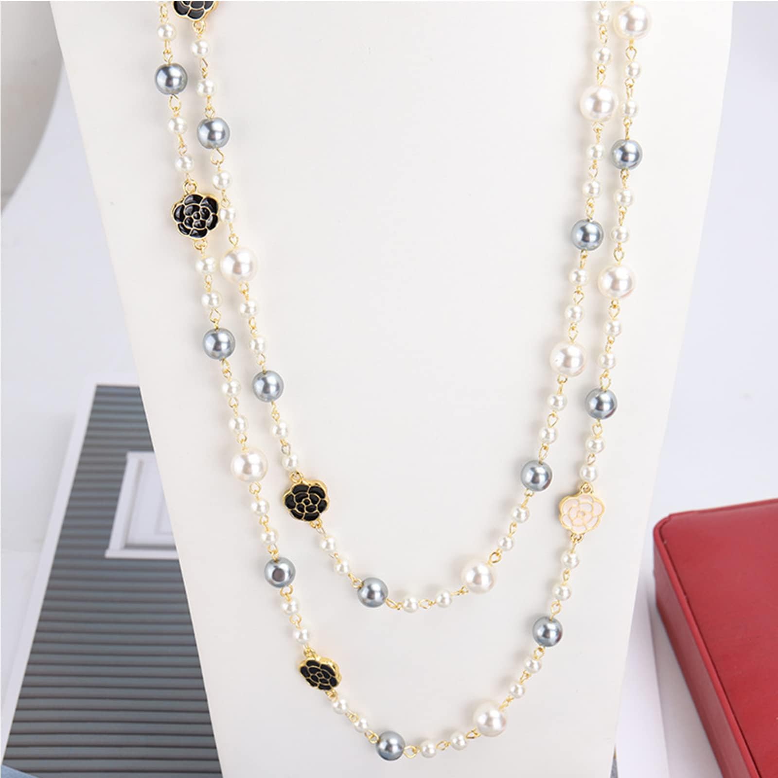 Image secondaire de Aaobor Bijoux fantaisie créateur camélia et perle Long collier de clavicule pour femmes Collier de perles d'imitation cadeau