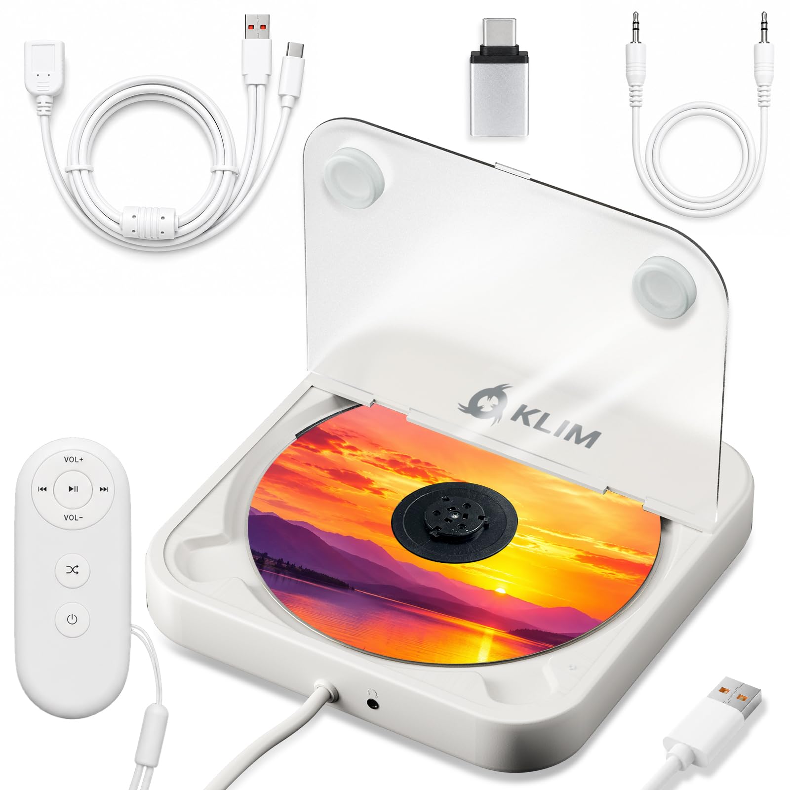 KLIM Reproductor de CD para Coche – Reproductor de CD Externo USB Portátil, Antichoque, Plug & Play, AUX y USB, Mando a Distancia, Compatible con la Mayoría de Vehículos y Portátiles