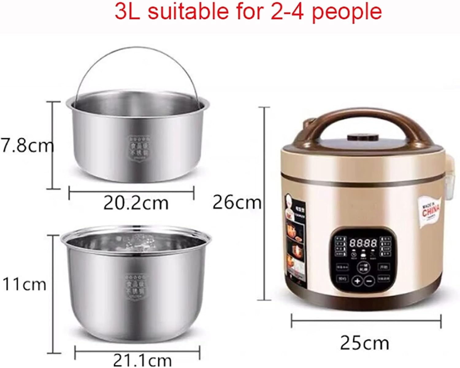 Low-sugar Rice Cooker (3L) Household Multi-function Rice Cooker, 304 Stainless Steel Liner, Rice Soup Separated, for 2-7 People 220-240V US/EU(A)