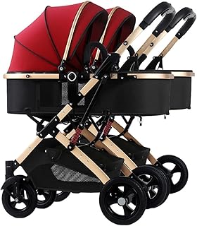 Double Baby Stroller for Infant and Toddler Reversible Bassinet Twins Pram,Detachable Pushchair Side-by-Side Multi-Position Reclining Seats,Folding Prams Trolley (Color : Blue) (Red)