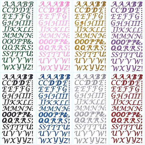 Blulu 8 Feuilles Autocollants de Lettre d'Alphabet de Paillettes de Couleurs Autocollants Alphabet Pailleté Auto-Adhésifs pour Décoration Casquette Grad et Artisanat d'art Bricolage, 8 Couleurs