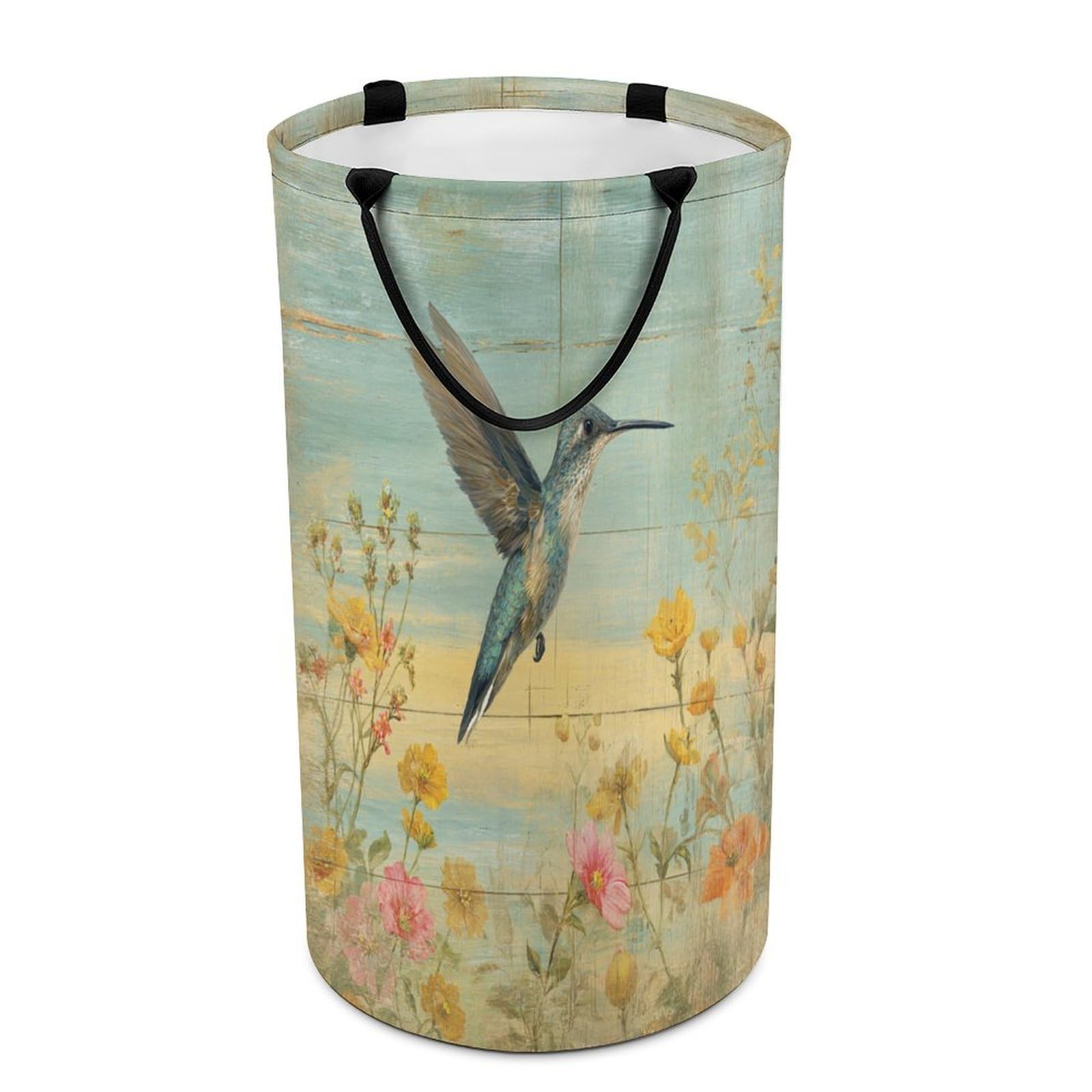 LUYYSKY Beautiful Retro Birds Hummingbird Collapsible Dirty Clothes Basket, Mid Century Classic Wooden Board Animals Hummingbirds Floral Portable Clothes Storage Basket