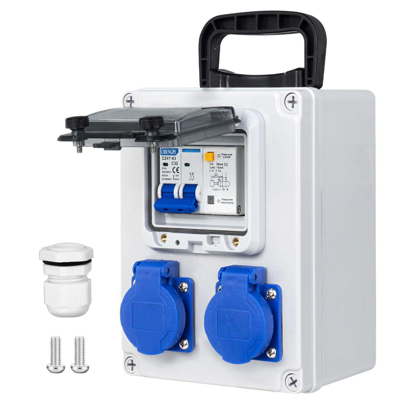 Distribuidor de Corriente con Interruptor FI 1P + N 16A, Caja Enchufes Pared con 2 Enchufes Schuko de AC 250V/16a, Caja de Distribución Portátil de Superficie para Construcción