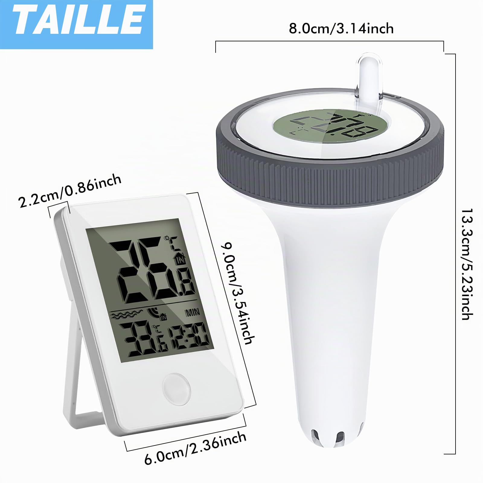 Thermomètre numérique de piscine sans fil : thermomètre flottant avec moniteur de température intérieure, thermomètre de natation pour piscines, aquarium, baignoire, étang, installation