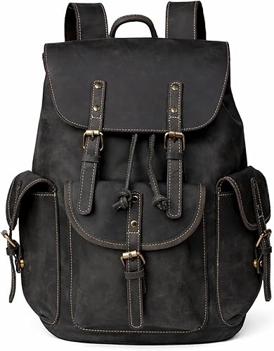 Mochila retro de cuero genuino para hombre, adecuada para portátiles de 16 pulgadas, para viajes de negocios, mochila diaria, Negro, Mochilas de