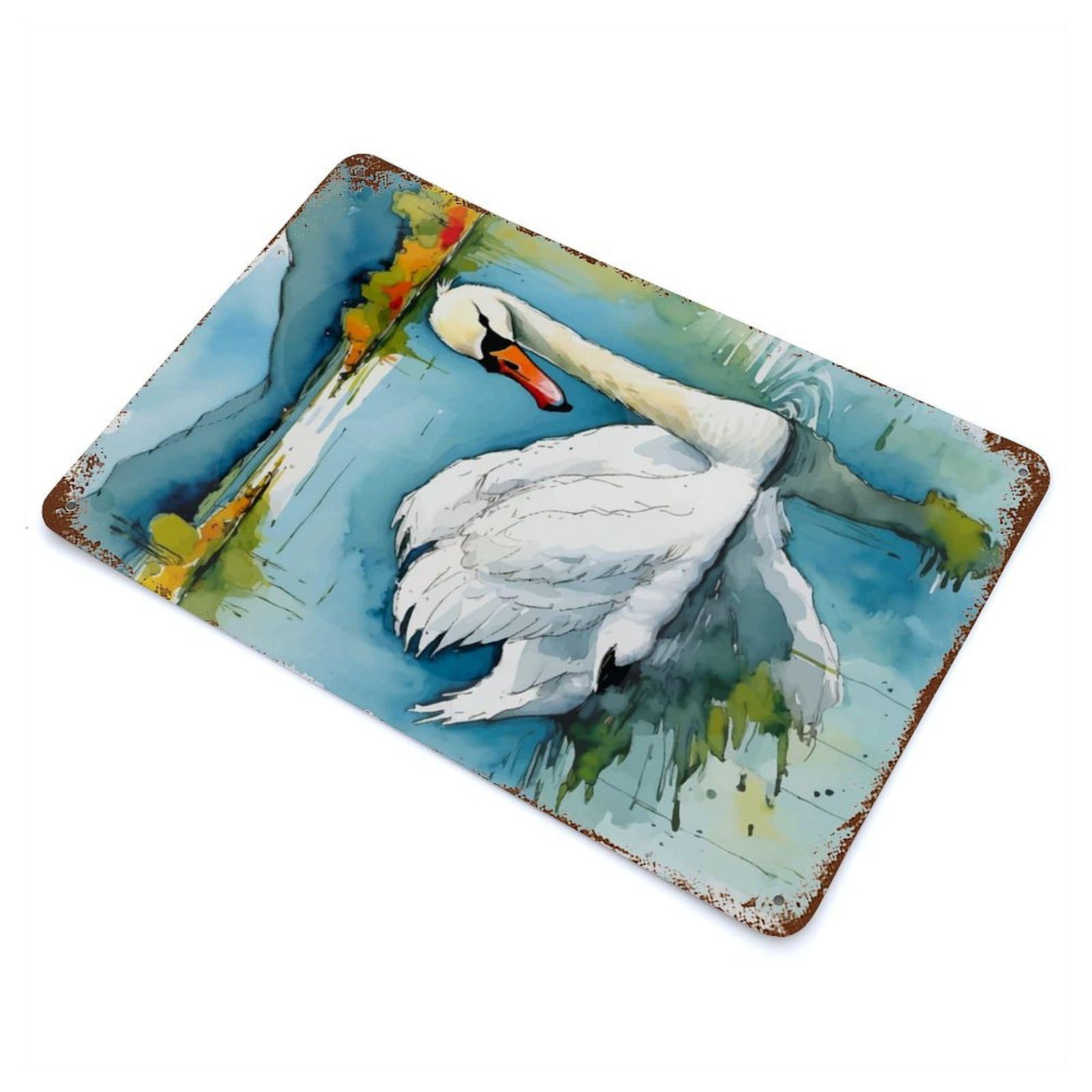 Watercolor Swan on Lake Rustic Tin Plaque 11.8"x7.9", for Living Room, Hallway And Home Decor, Decorative Metal Wall Art
