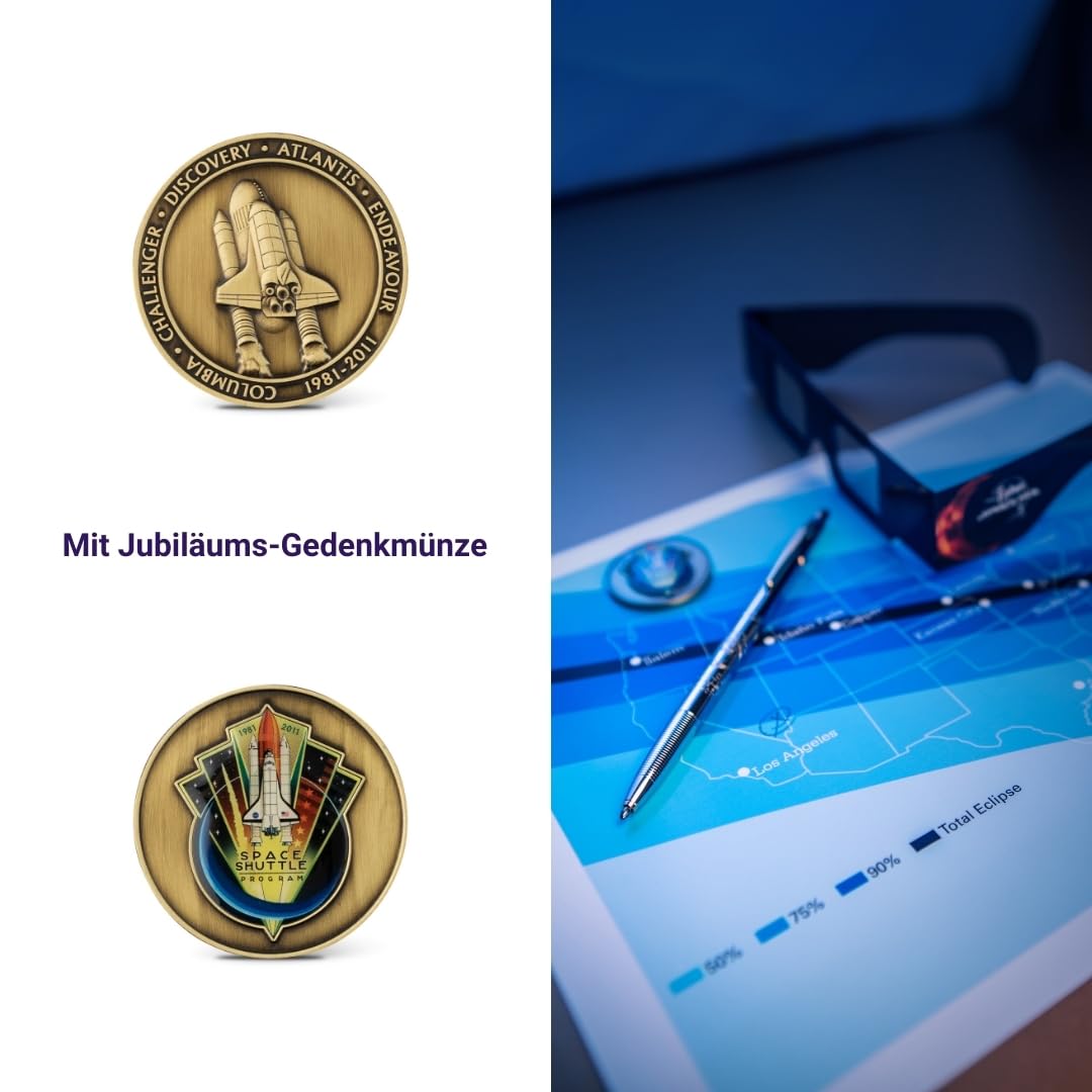 Fisher Space Pen Shuttle CH4-CES Kugelschreiber-Set (Geschenk-Set mit Sammlermünze – ideal für Raumfahrt-Fans, schreibt im Weltall, unter Wasser und bei extremen Temperaturen) Chrome
