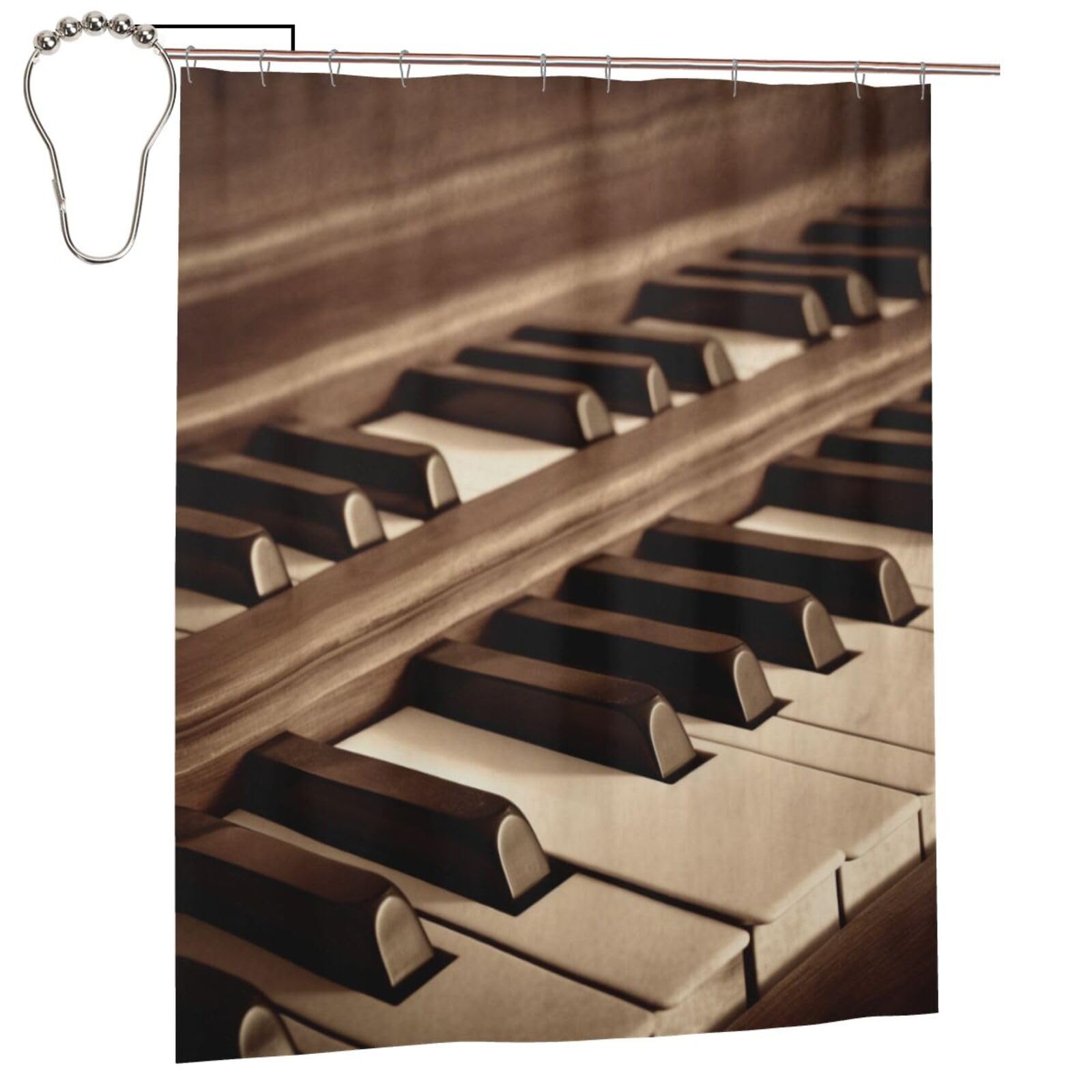 BWWHCCTI Sepia Tone Piano Keys Printed Shower Curtain With 12 Iron Hooks Opaque Quick Drying Waterproof Shower Curtains Sets For Bathroom 152x183 Cm