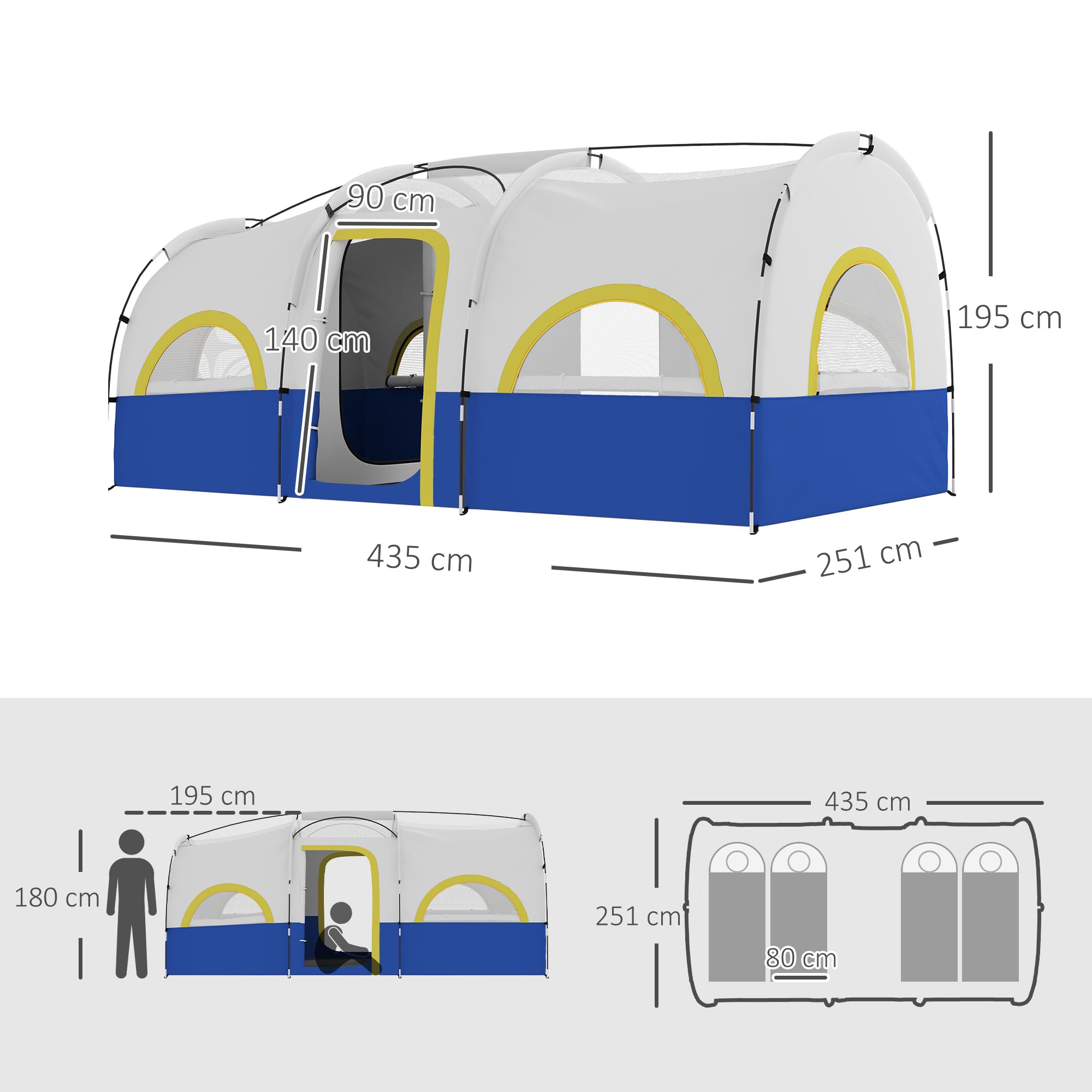 Outsunny Tunnelzelt, Campingzelt für 4 Personen mit 3 Raum, UV Schutz, Meshfenster, Winddichte Familienzelt mit Tragetasche, 3000mm Wasserabweisend groß Gruppenzelt für Garten, Camping, Blau