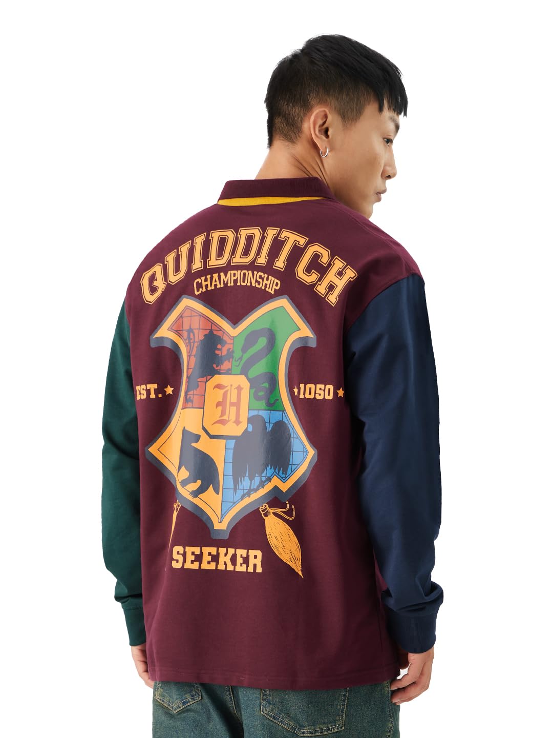 The Souled Store Official Harry Potter: Quidditch Champ Men and Boys Long Sleeve Collared Neck Multicolor Graphic Printed Oversized Fit Cotton Rugby Polos