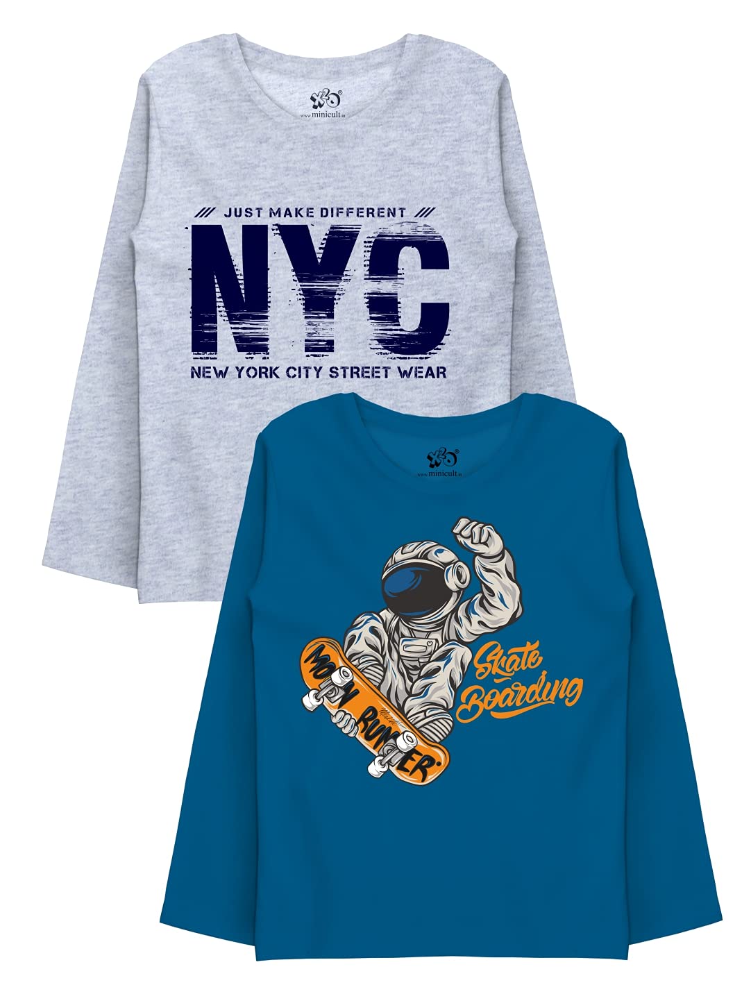 minicult Cotton Printed Full Sleeve T Shirts for Boys(Pack of 2)