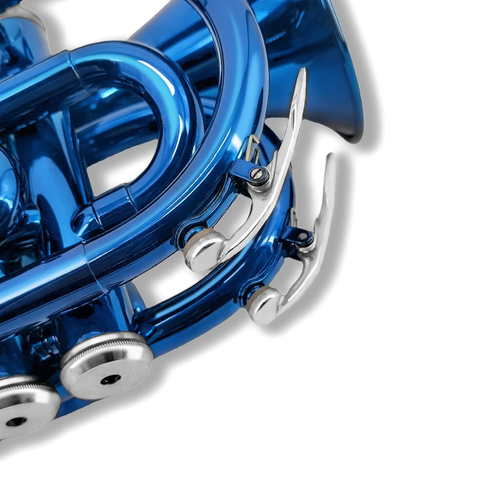 Tromba tascabile professionale in ottone, finitura laccata, con custodia per il trasporto e accessori per la pulizia per principianti e musicisti (blu)