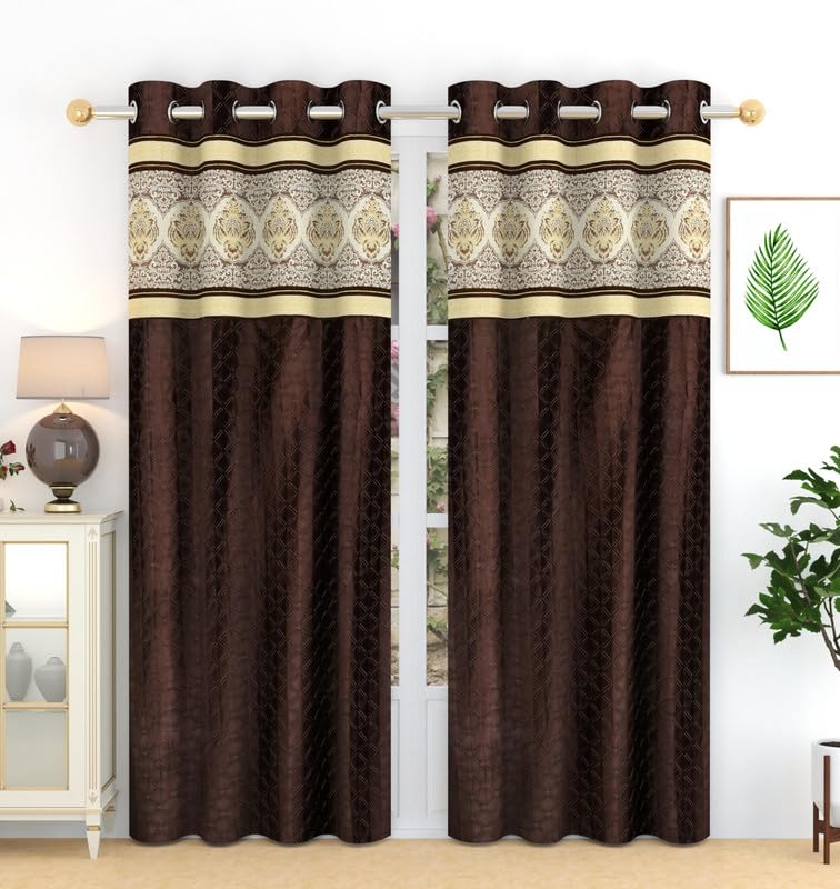 Image of Exporthub Set of 2 Pc Heavy Quality Premium Curtains Flowers Patch Design Brown Color Window Curtains - Window - 6 feet (EHSPR959 64)