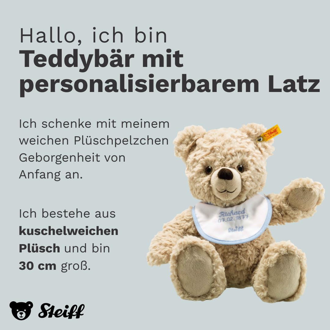 Steiff Kuscheltier Teddybär mit personalisierbarem Latz, Süßes Stofftier, Jungen, Mädchen & Babys ab 0 Monaten, Plüschtier 30 cm, Beige, 241291