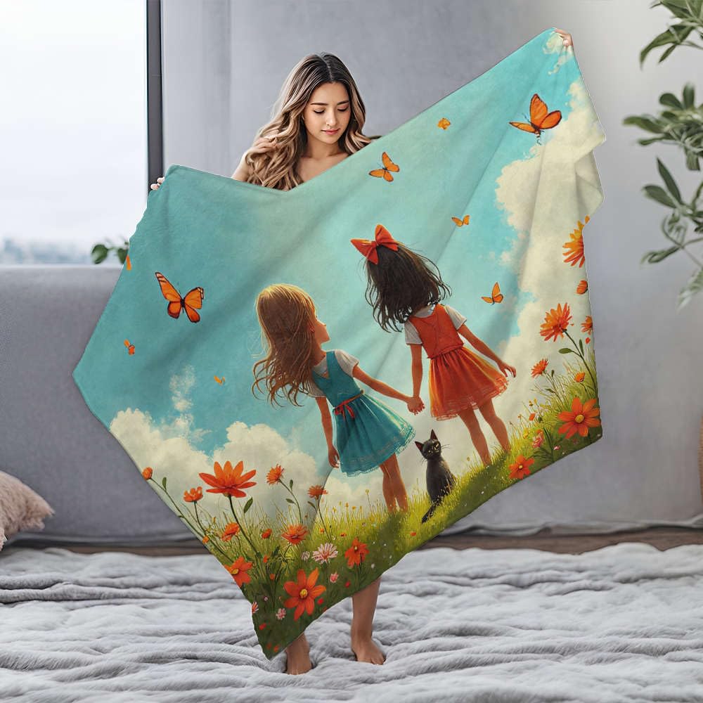 Couverture en flanelle bébé : idée cadeau de Pâques chat et fleurs doux