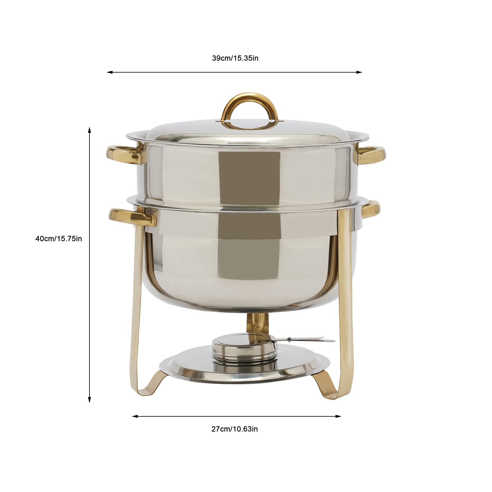 Fichiouy 13.5 Litre Round Chafing Dish Buffet Set 201 Stainless Steel, 14.2 Qt Soup Chafer Food Warmer Tray for Kitchen Party Dining Buffet (Gold)