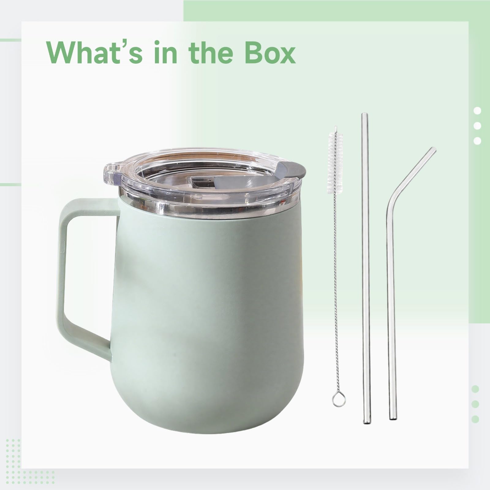 2 Stk. Edelstahlbecher-Set, 16,9 oz / 500 mL Kaffeebecher mit Deckel, wiederverwendbaren Trinkhalmen, Isolierbecher, ergonomischem Griff, Doppelwand, hellgrüner Becher für Büro und Zuhause