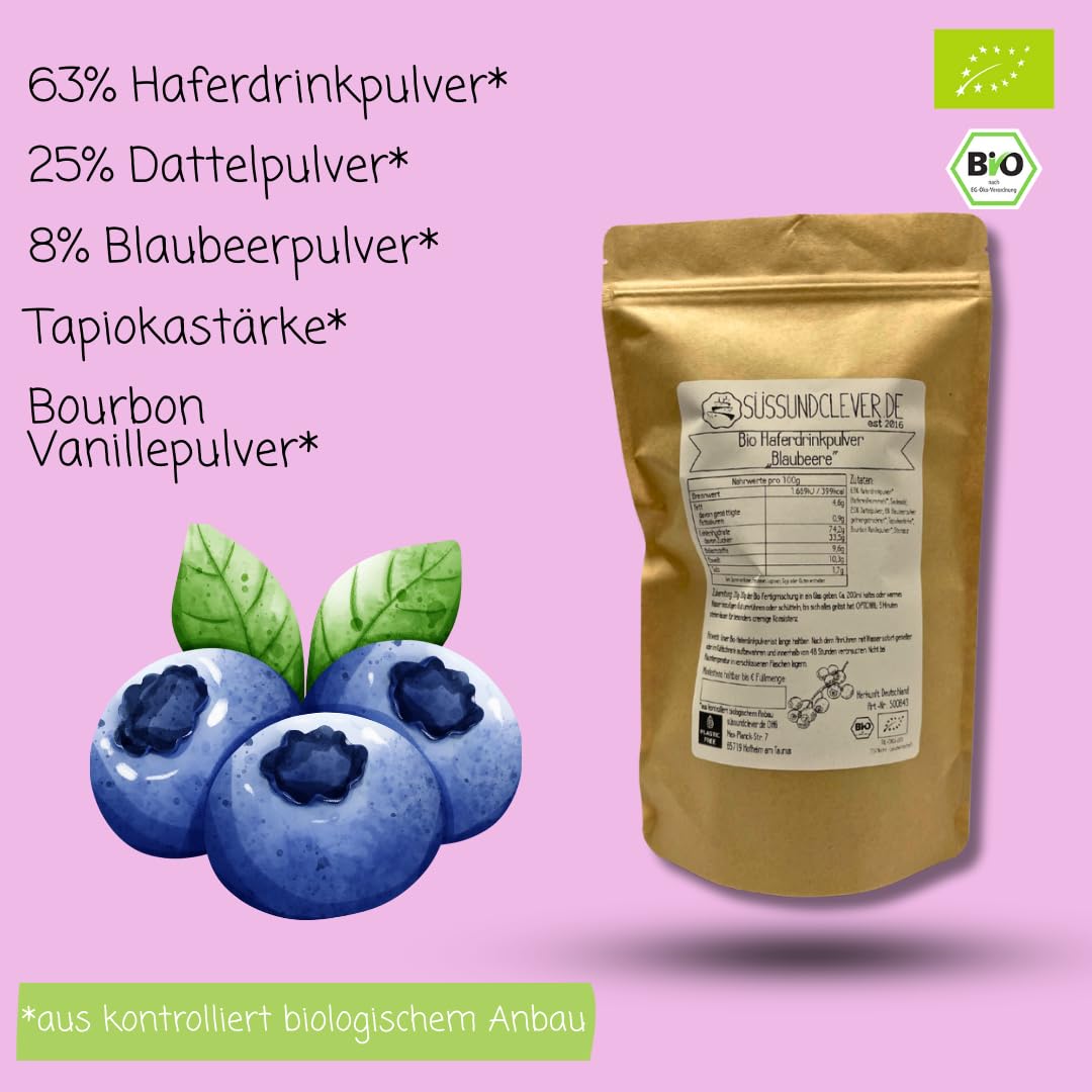süssundclever.de® Bio Haferdrinkpulver Blaubeere | 800g | mit Dattelsüße | vegan | 8l Haferdrink Blaubeere | Ohne Zuckerzusatz oder Aromen | Vegane Blaubeermilch