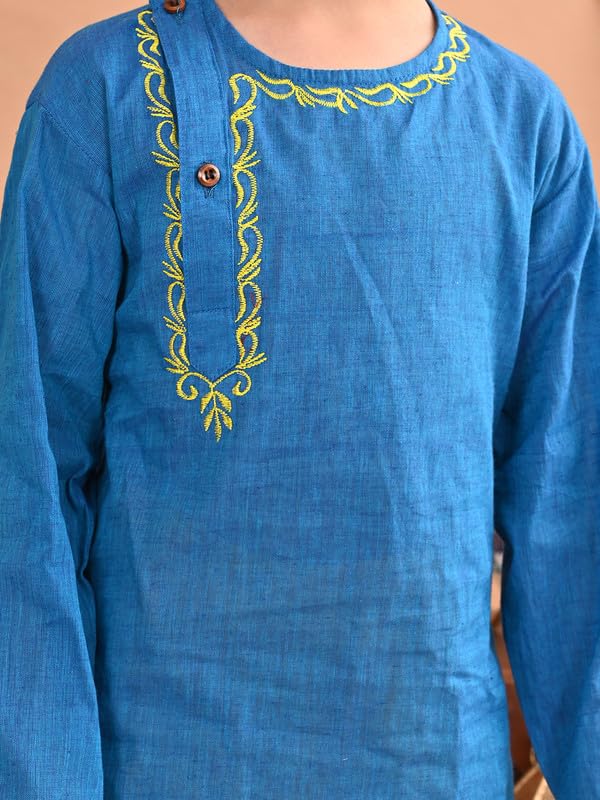 Image of superminis Baby Boy's Handloom Cotton Kurta With Embroidery Around The Neck And Contrast Color Dhoti Clothing Set