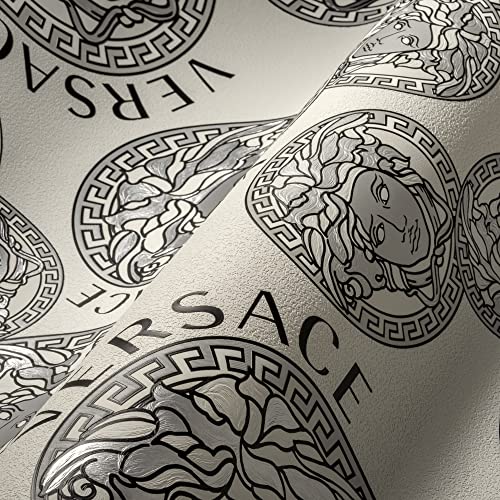 A.S. Création Wallpaper White Black Silver Luxury Designer Non-Woven Wallpaper Logo Medusa 386102 10.05 x 0.70 m Made in Germany