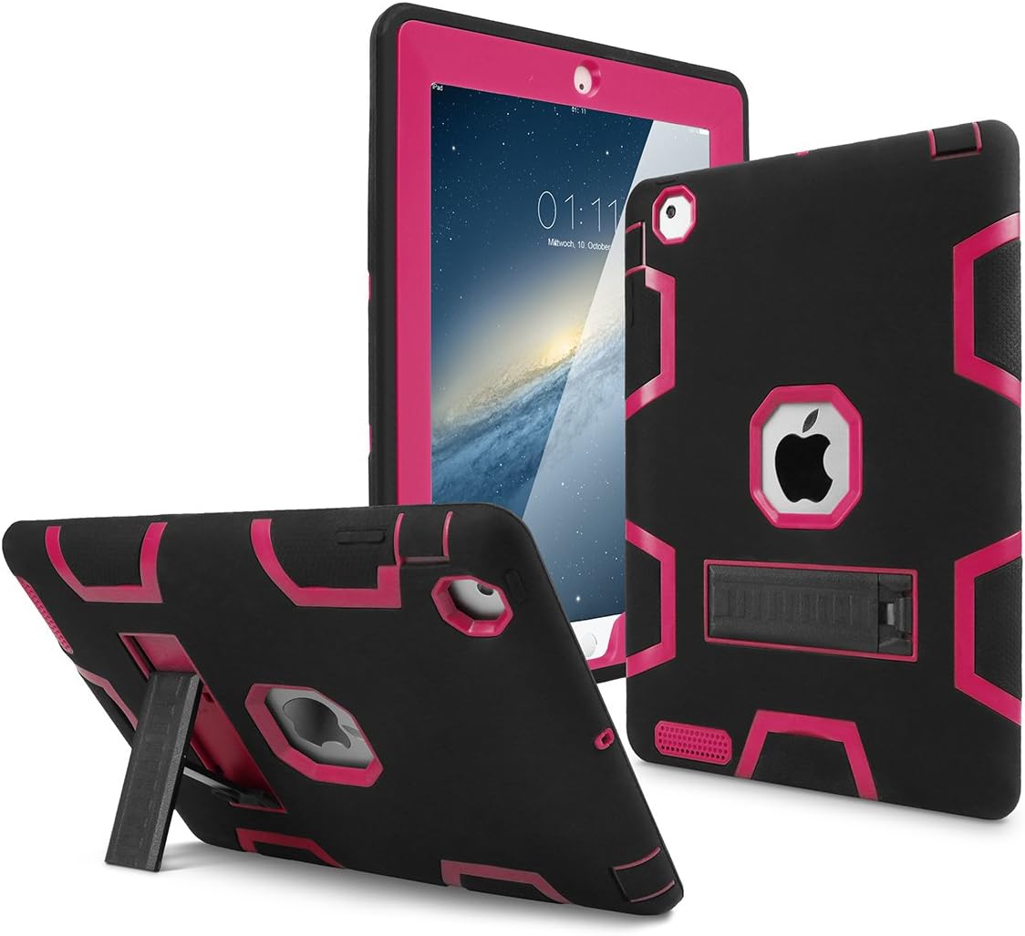 iPad 2 Case,iPad 3 Case,iPad 4 Case, AICase Kickstand Shockproof Heavy Duty High Impact Resistant Rugged Hybrid Three Layer Armor Full Body Protection Case with Stylus for iPad 2/3/4 (Black/Rose)