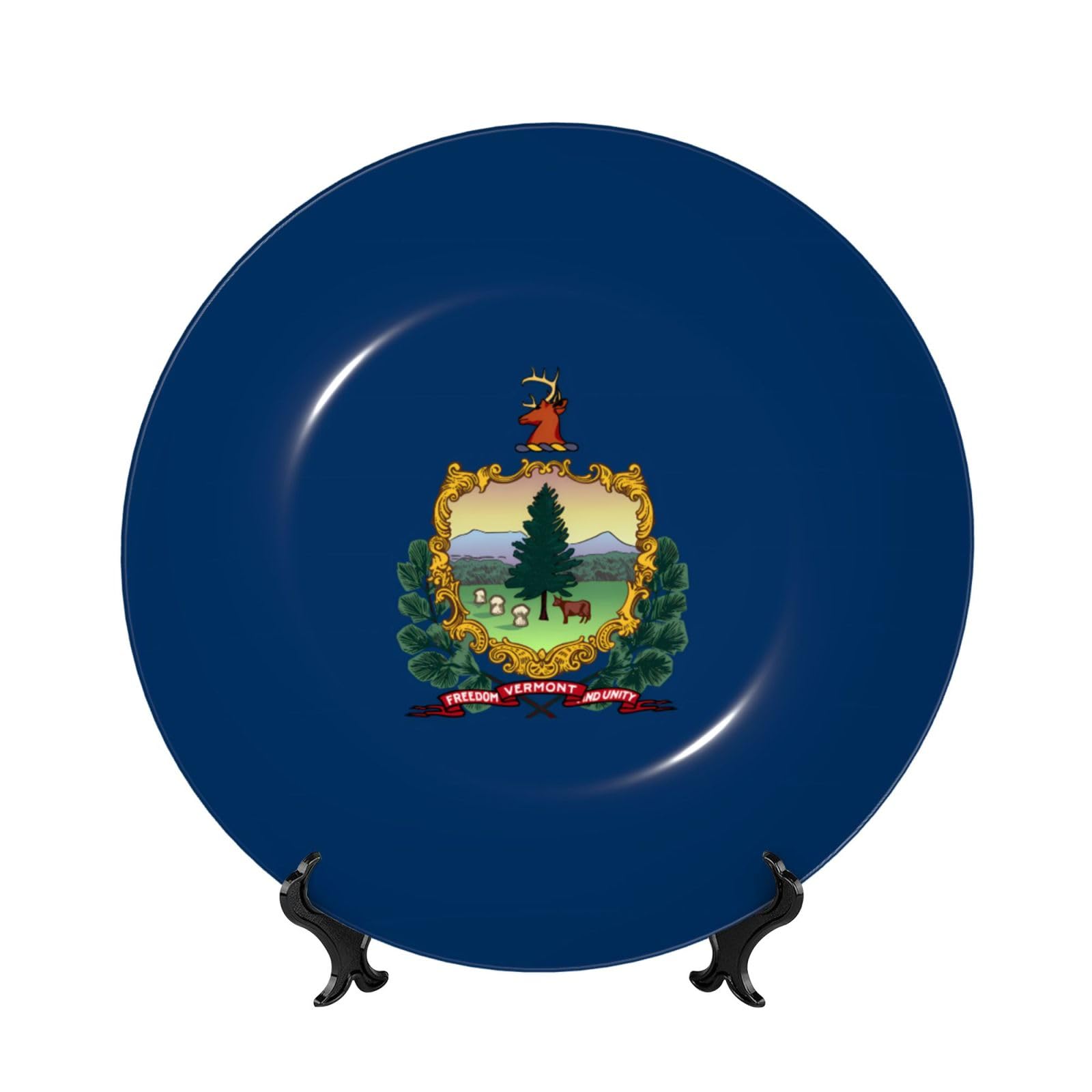 SXZVVBN Vermont State Flag Bone China Decorative Plate Art with Stand Removable Adhesive Hanging for Home Office 7in
