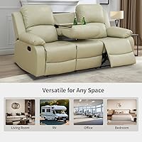 Vista 6 de Juego de Muebles para Sala de Estar, Juego de Sofá Reclinable Manual, Juegos de Sofás Reclinables de Cuero Beige con Mesa Desplegable, Sofá
