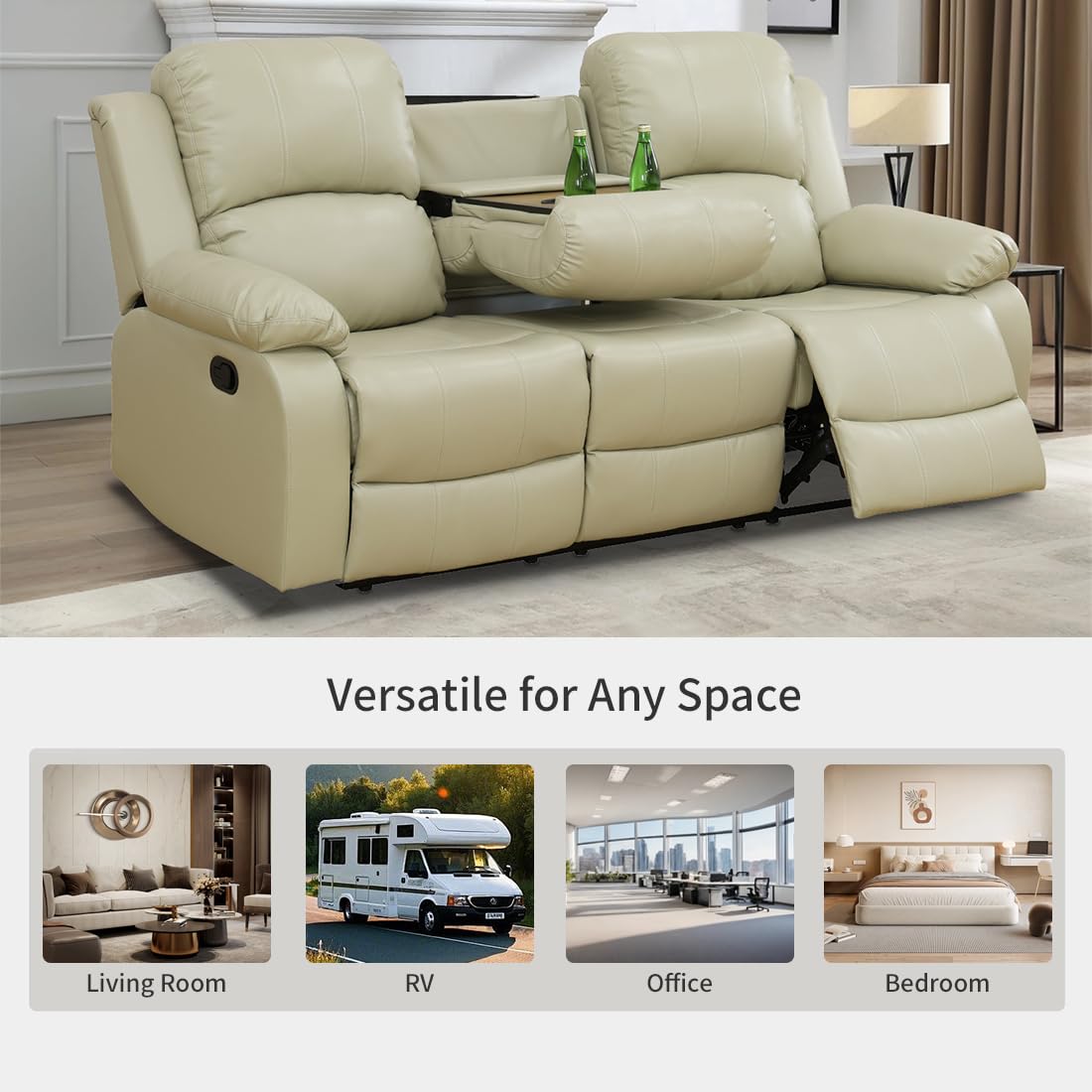 Toseslo Living Room Furniture Set, Manual Reclining Sofa Set, Beige Leather Recliner Couch Sets with Drop-Down Table, Recliner Sofa with Storage Console/Cup Holder for Living Room/Apartment view 6