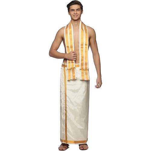 Sethukrishna Men Cream Colour Art Silk Dhoti Angavastram Combo Set (CREAM) (ONE SIZE) (D667-T241)