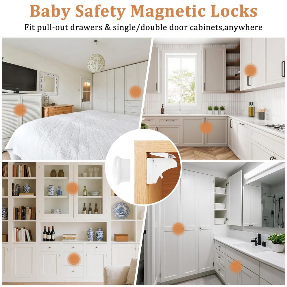 HOTUT Enfant Magnétique Cabinet de Sécurité, Sécurité Placard Bébé (4 Verrous & 1 Clés), Serrure Magnétique Invisible pour Sécurité Enfant, Tiroir Securite Bebe Bloque, Blocage Sans Perçag