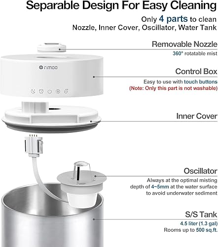 Miniatura 3 de Humidificador de acero inoxidable, humidificador fácil de limpiar de 4.5 litros con tanque de acero inoxidable 304, humidificadores de niebla fría
